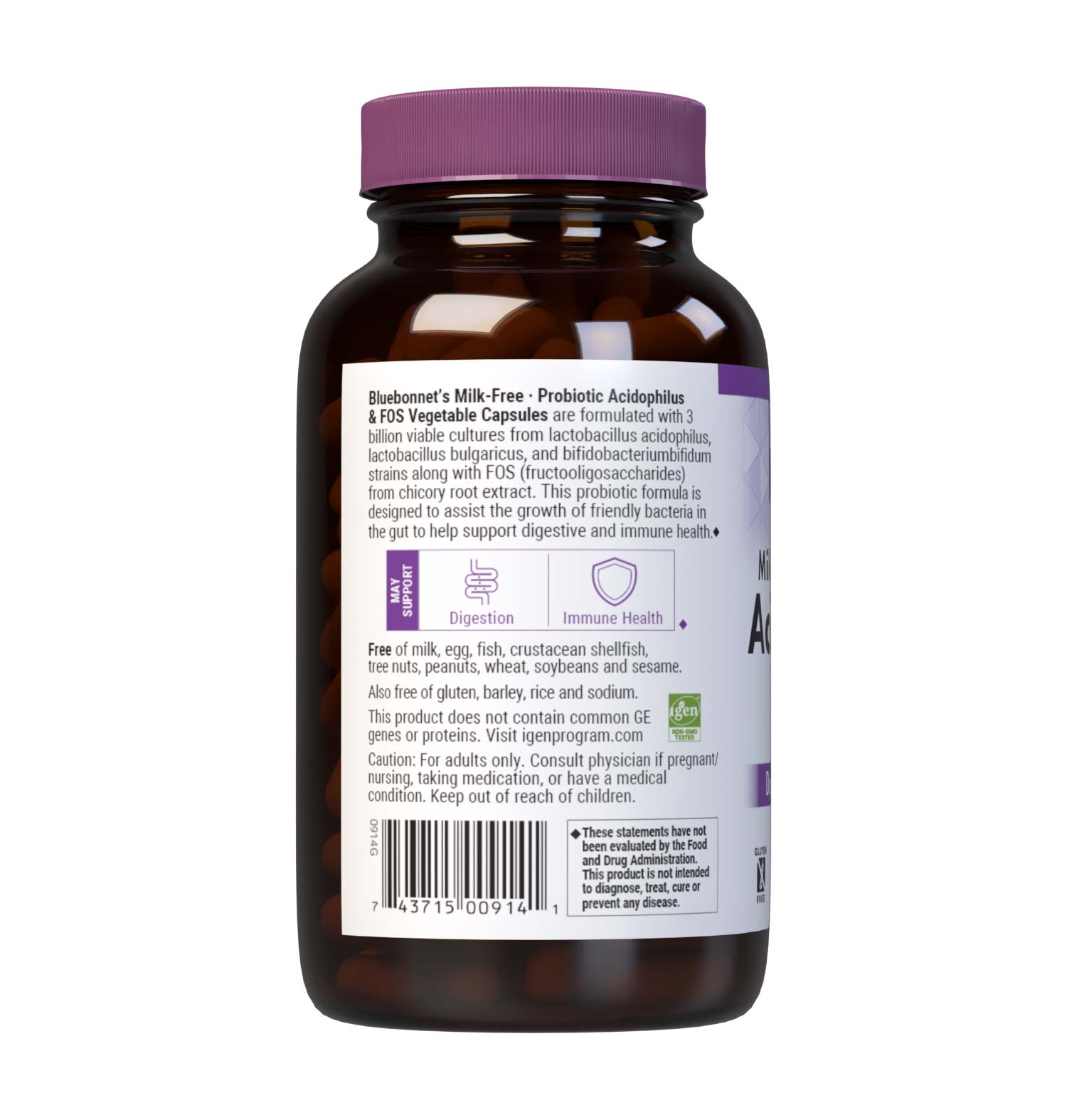 Bluebonnet’s Milk-Free Probiotic Acidophilus & FOS 250 Vegetable Capsules are formulated with over three billion viable cultures from lactobacillus acidophilus, lactobacillus bulgaricus, bifidobacterium bifidum strains along with FOS (fructooligosaccharides) from chicory root extract. This probiotic formula is designed to assist the growth of friendly bacteria in the gut to help support digestive and immune health. Description panel. #size_250 count