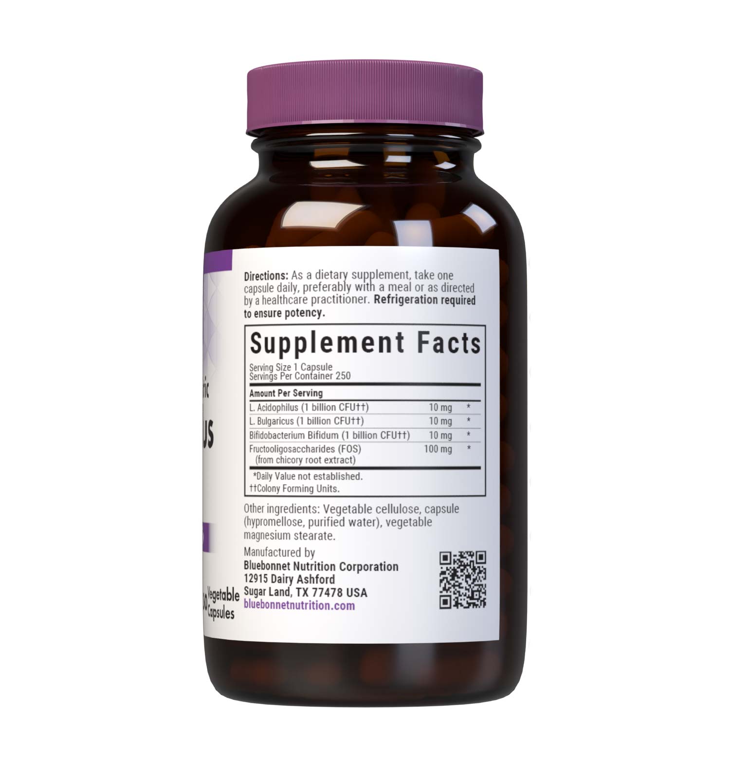 Bluebonnet’s Milk-Free Probiotic Acidophilus & FOS 250 Vegetable Capsules are formulated with over three billion viable cultures from lactobacillus acidophilus, lactobacillus bulgaricus, bifidobacterium bifidum strains along with FOS (fructooligosaccharides) from chicory root extract. This probiotic formula is designed to assist the growth of friendly bacteria in the gut to help support digestive and immune health. Supplement facts panel. #size_250 count