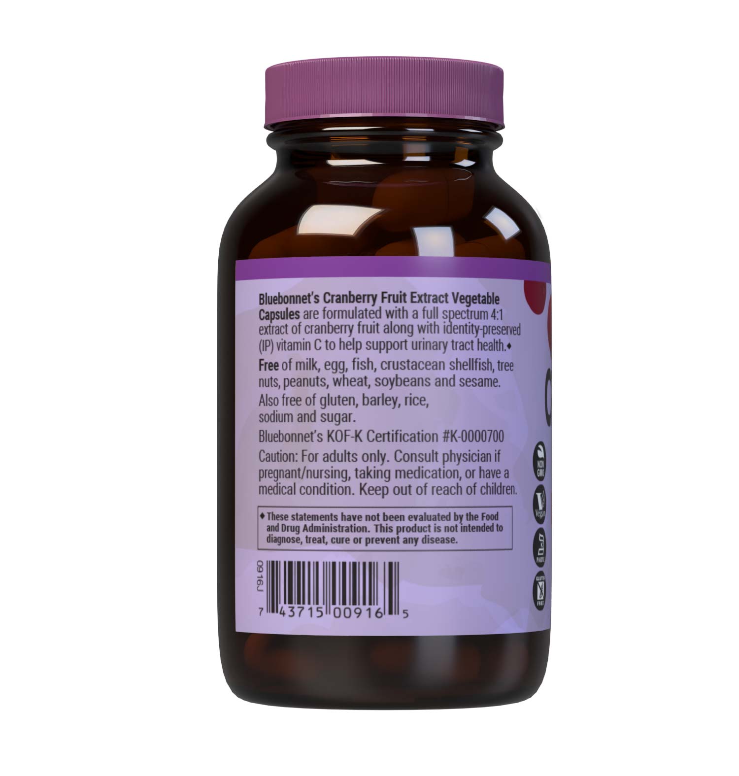Bluebonnet’s Cranberry Fruit Extract with Vitamin C 60 Vegetable Capsules are Formulated with 500 mg of Cranberry Fruit Extract & 60 mg Identity-Preserved Vitamin C to help support urinary tract health. Description panel. #size_60 count