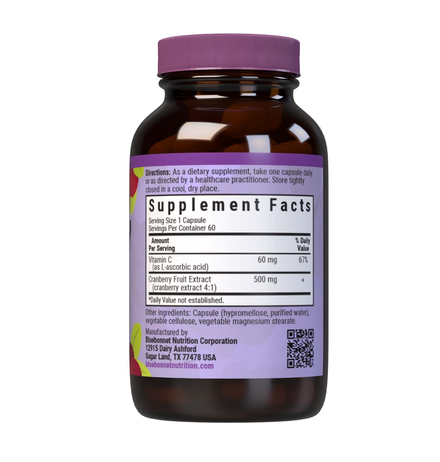 Bluebonnet’s Cranberry Fruit Extract with Vitamin C 60 Vegetable Capsules are Formulated with 500 mg of Cranberry Fruit Extract & 60 mg Identity-Preserved Vitamin C to help support urinary tract health. Supplement facts panel. #size_60 count