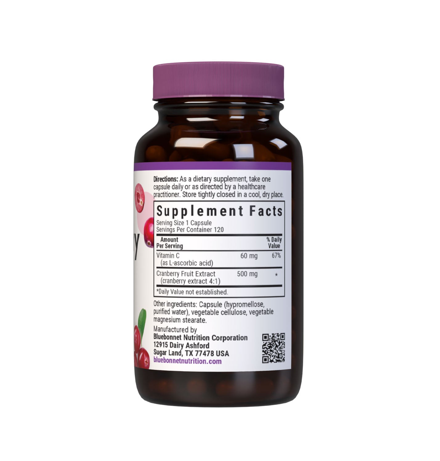 Bluebonnet’s Cranberry Fruit Extract with Vitamin C 120 Vegetable Capsules are Formulated with 500 mg of Cranberry Fruit Extract & 60 mg Identity-Preserved Vitamin C to help support urinary tract health. Supplement facts panel. #size_120 count