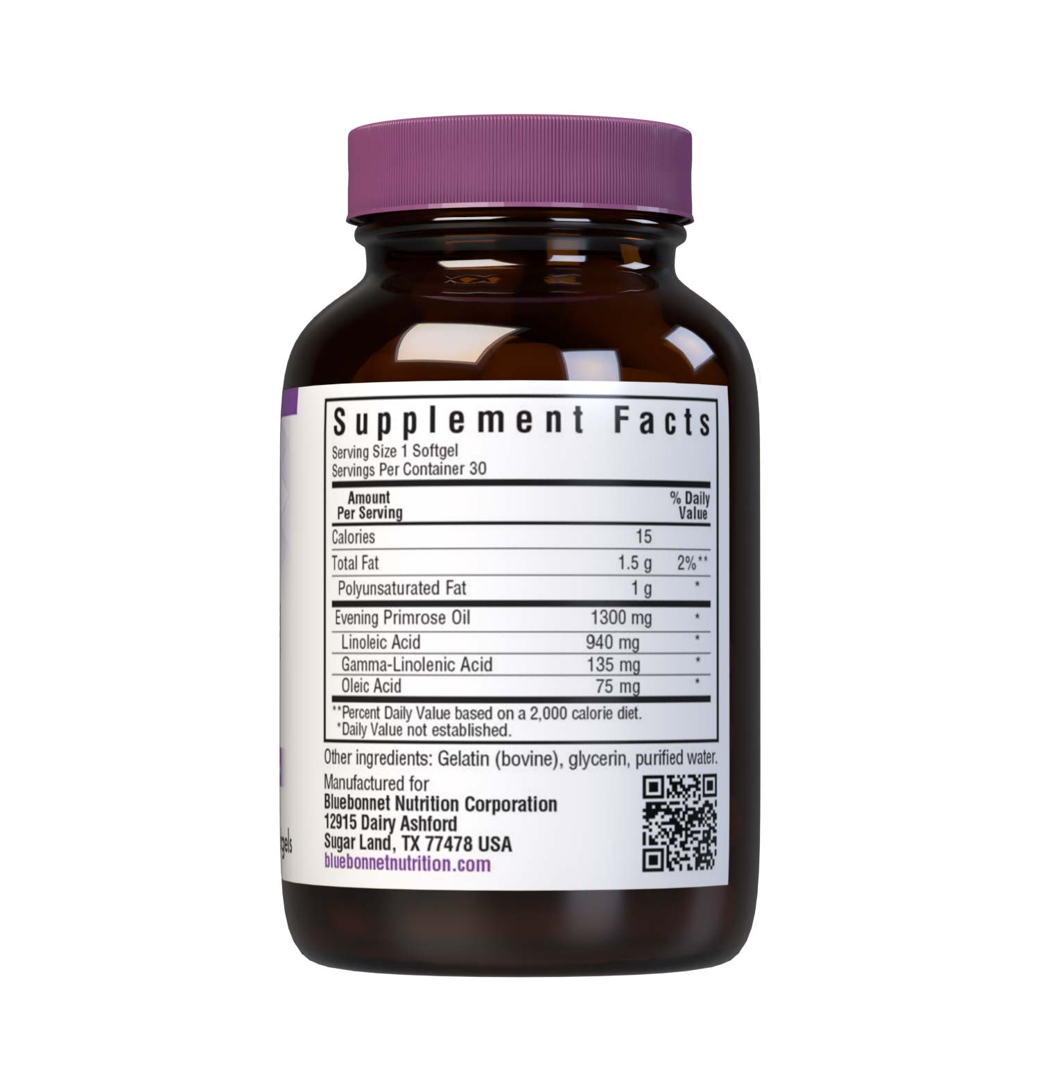 Bluebonnet’s Evening Primrose Oil 1300 mg 30 Softgels are formulated with an oil from the seed of the evening primrose seed oil, a source of unsaturated fatty acids- gamma linolenic acid (GLA), linolenic acid, and oleic acid to support women's health and immune health. Cold pressed without the use of chemical solvents. Supplement facts panel. #size_30 count