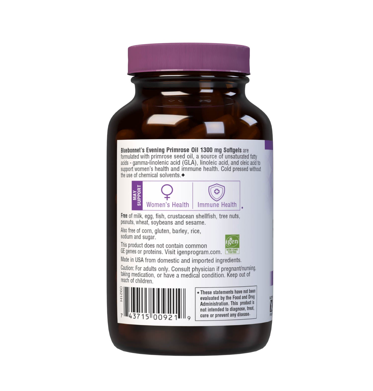 Bluebonnet’s Evening Primrose Oil 1300 mg 60 Softgels are formulated with an oil from the seed of the evening primrose seed oil, a source of unsaturated fatty acids- gamma linolenic acid (GLA), linolenic acid, and oleic acid to support women's health and immune health. Cold pressed without the use of chemical solvents. Description panel. #size_60 count