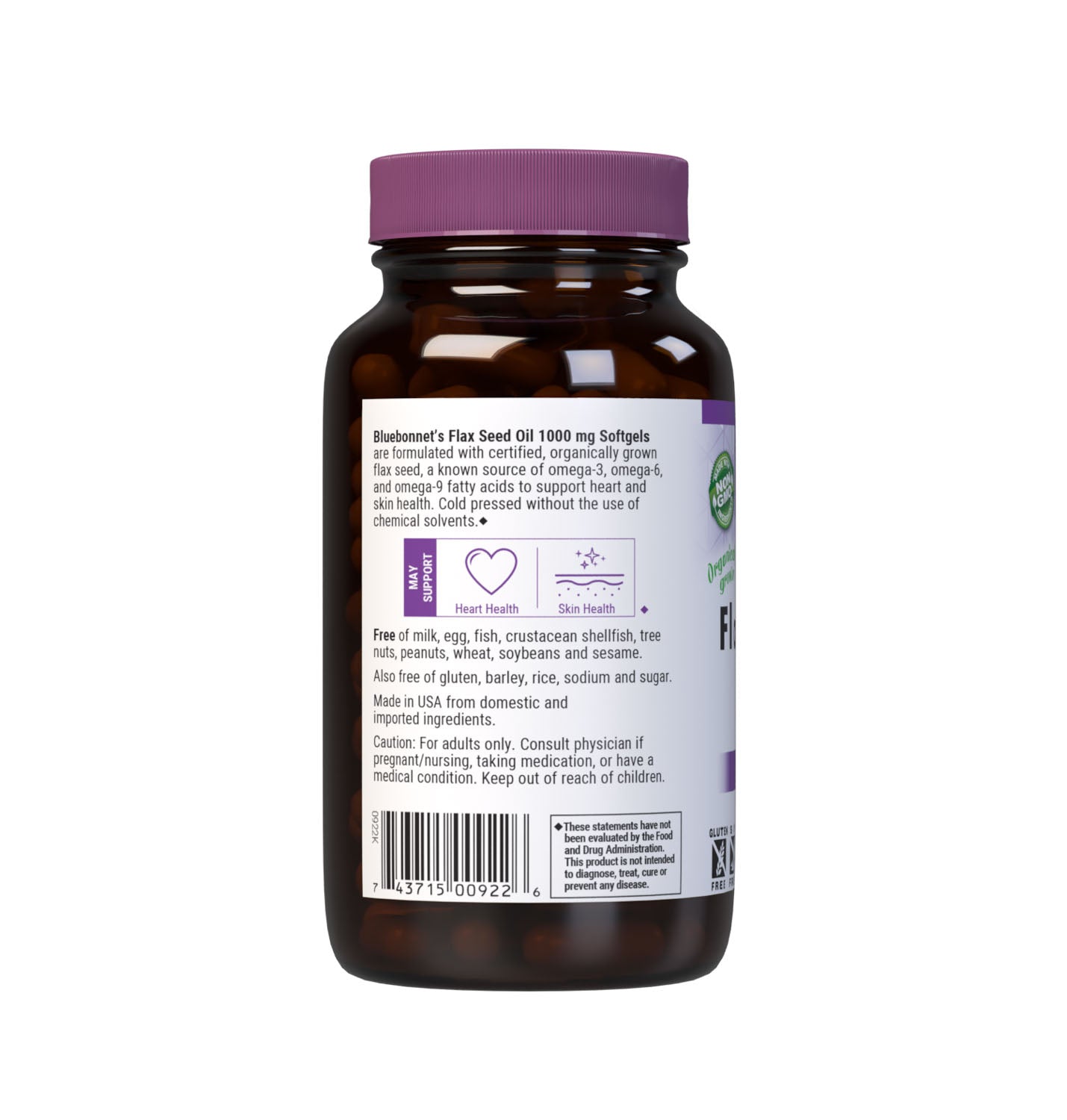 Bluebonnet’s Flax Seed Oil 1000 mg Softgels are formulated with certified organically grown flax seed, a known source of omega-3, omega-6and omega-9 fatty acids that help support cardiovascular health and the maintenance of healthy skin. Cold pressed without the use of chemical solvents. Description panel. #size_100 count