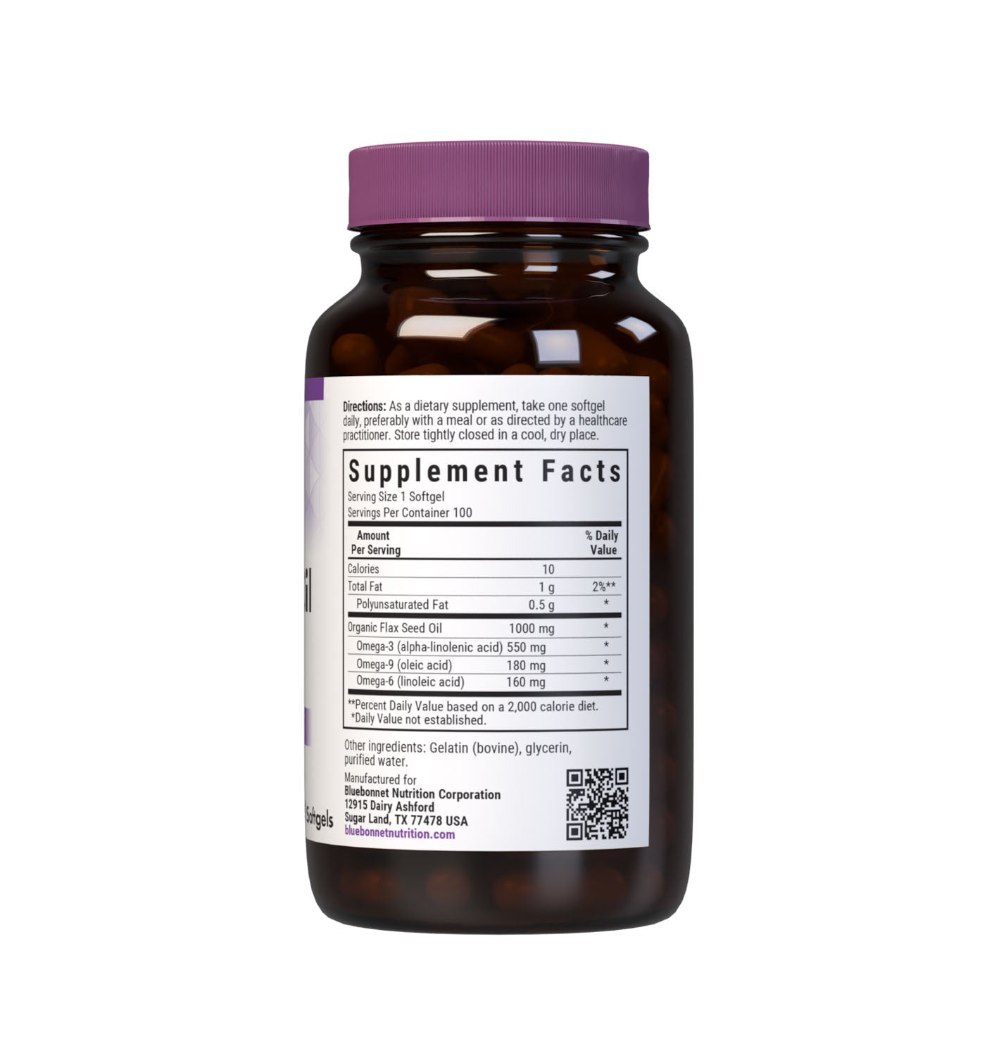 Bluebonnet’s Flax Seed Oil 1000 mg Softgels are formulated with certified organically grown flax seed, a known source of omega-3, omega-6and omega-9 fatty acids that help support cardiovascular health and the maintenance of healthy skin. Cold pressed without the use of chemical solvents. Supplement facts panel. #size_100 count