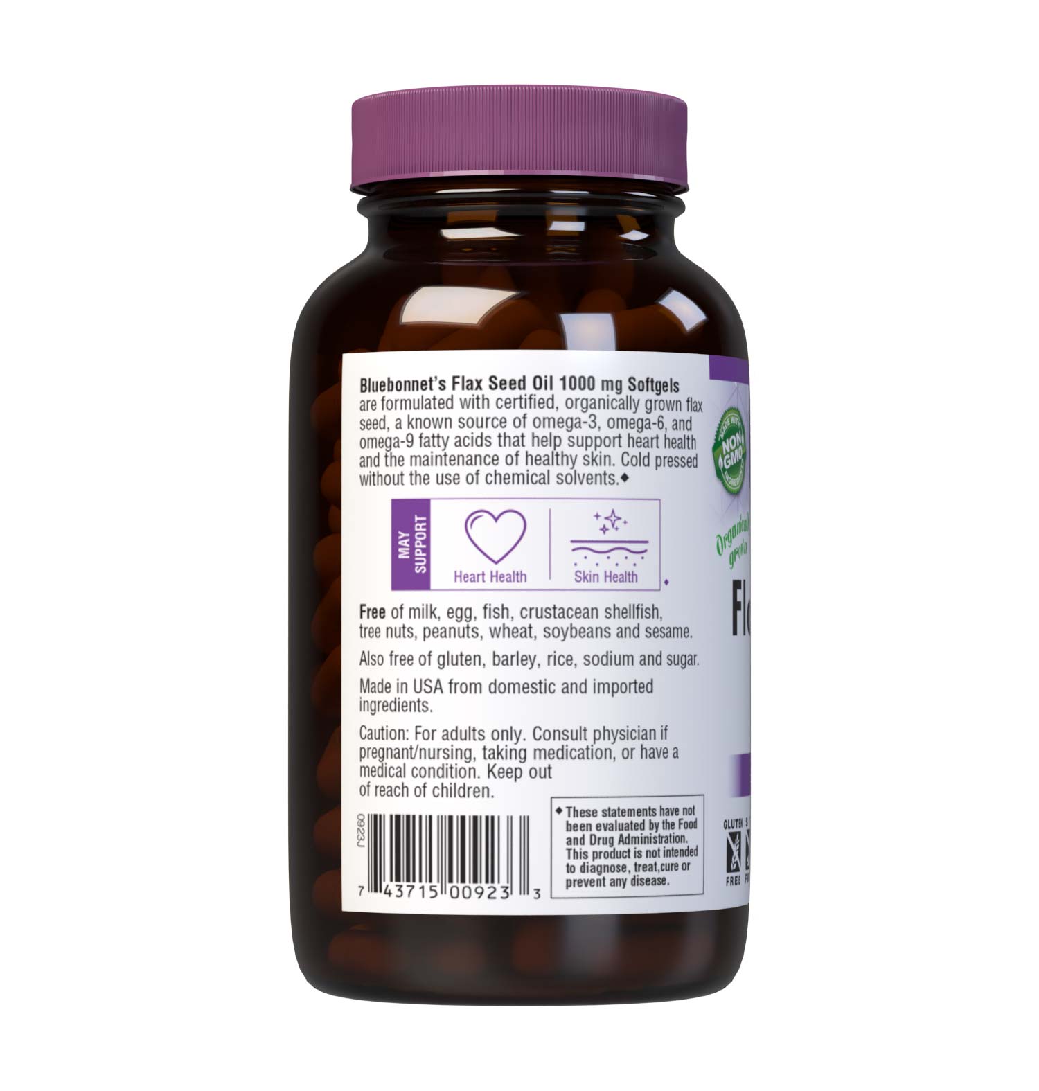 Bluebonnet’s Flax Seed Oil 1000 mg Softgels are formulated with certified organically grown flax seed, a known source of omega-3, omega-6and omega-9 fatty acids that help support cardiovascular health and the maintenance of healthy skin. Cold pressed without the use of chemical solvents. Description panel. #size_250 count