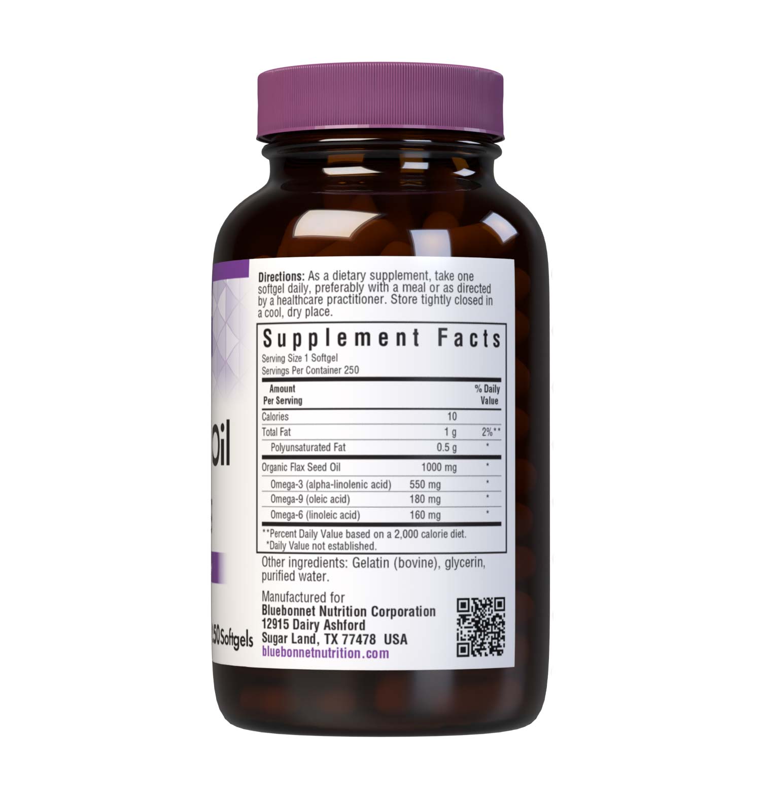 Bluebonnet’s Flax Seed Oil 1000 mg Softgels are formulated with certified organically grown flax seed, a known source of omega-3, omega-6and omega-9 fatty acids that help support cardiovascular health and the maintenance of healthy skin. Cold pressed without the use of chemical solvents. Supplement facts panel. #size_250 count