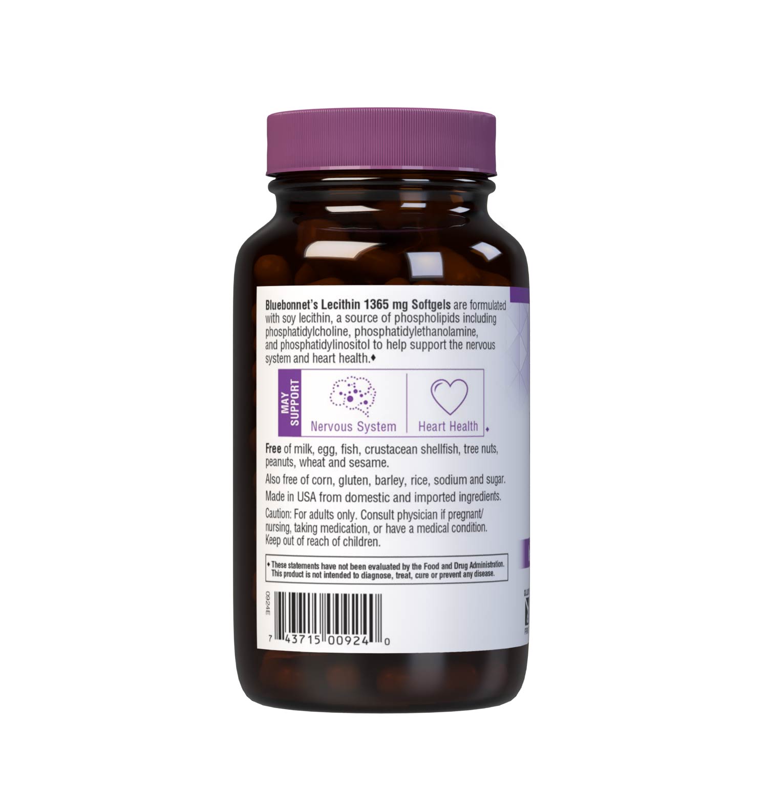 Bluebonnet’s Lecithin 1365 mg 90 Softgels are formulated with soy lecithin, a source of phospholipids including phosphatidylcholine, phosphatidylethanolamine, and phosphatidylinositol to help support the nervous system and cardiovascular health. Description panel. #size_90 count