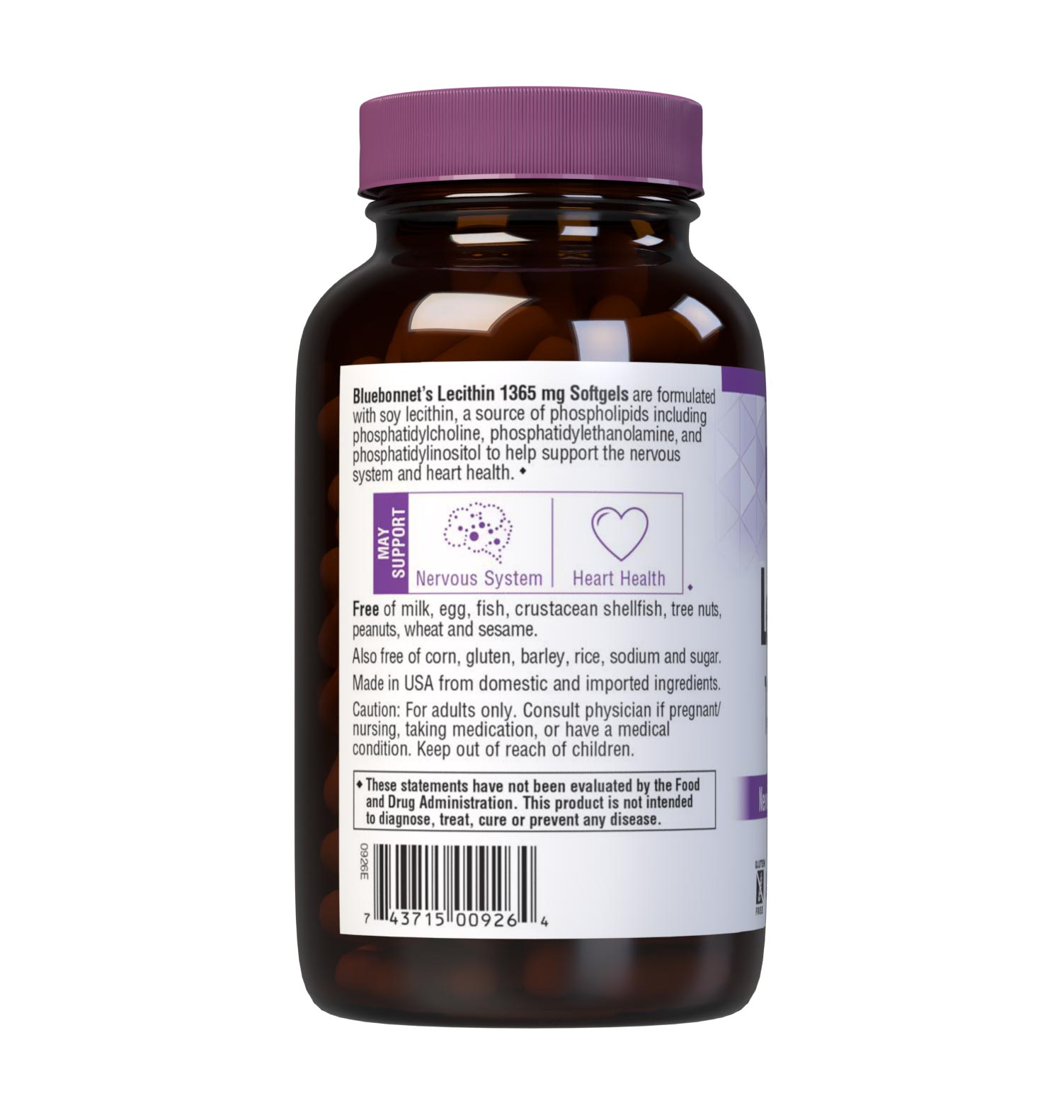 Bluebonnet’s Lecithin 1365 mg 180 Softgels are formulated with soy lecithin, a source of phospholipids including phosphatidylcholine, phosphatidylethanolamine, and phosphatidylinositol to help support the nervous system and cardiovascular health. Description panel. #size_180 count