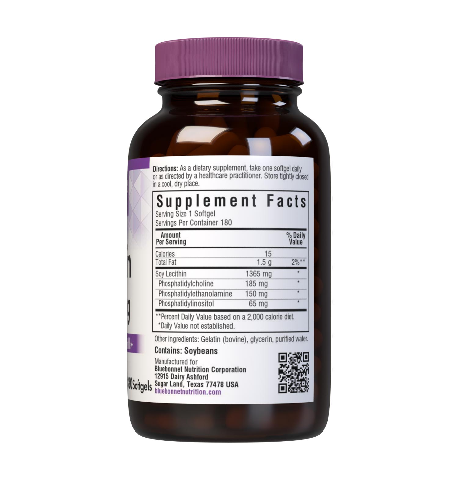 Bluebonnet’s Lecithin 1365 mg 180 Softgels are formulated with soy lecithin, a source of phospholipids including phosphatidylcholine, phosphatidylethanolamine, and phosphatidylinositol to help support the nervous system and cardiovascular health. Supplement facts panel. #size_180 count