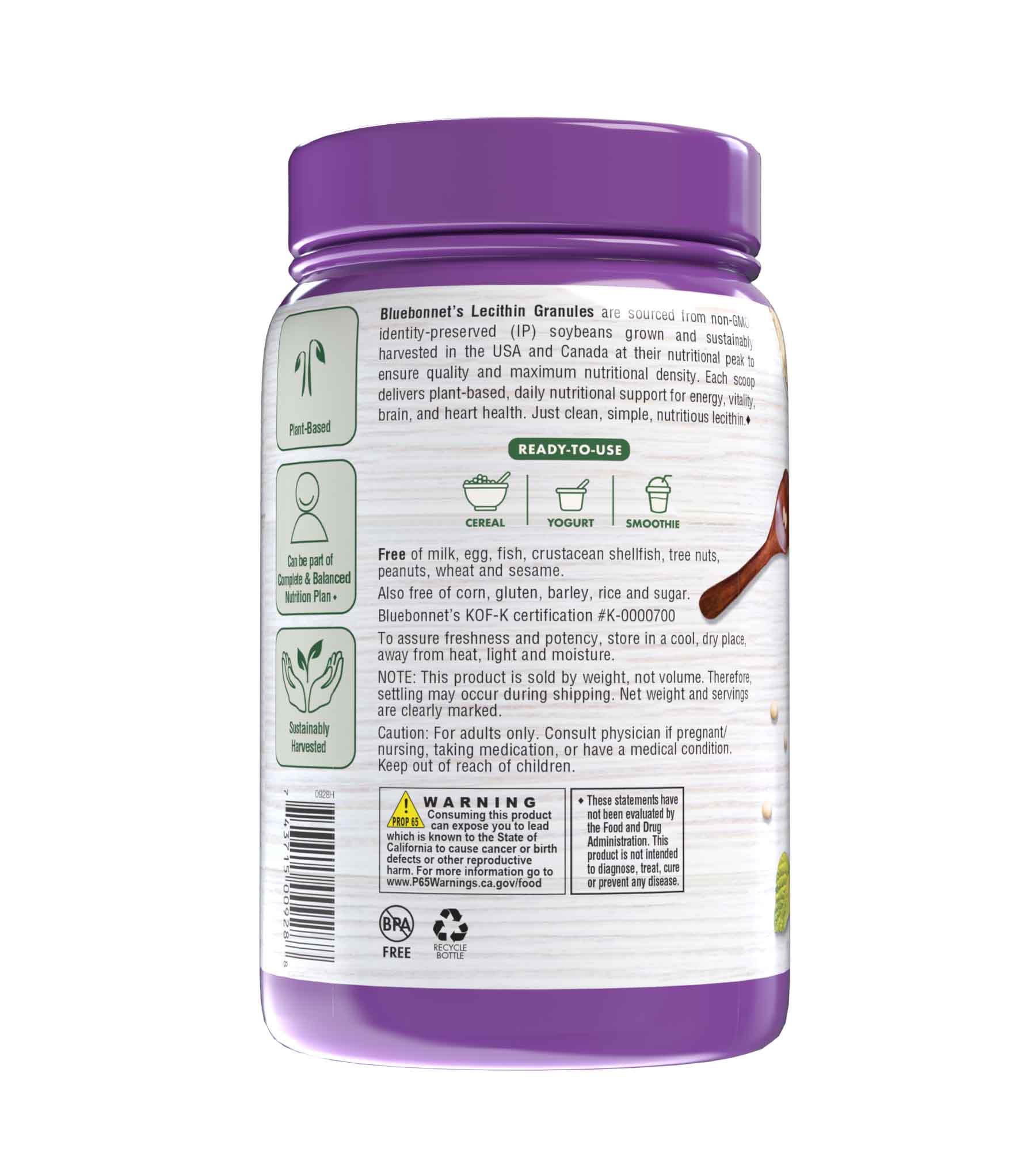 Bluebonnet’s Lecithin Granules are derived from non-GMO soybeans that were sustainably procured under an identity preserved traceability program. Description panel. #size_12.7 oz