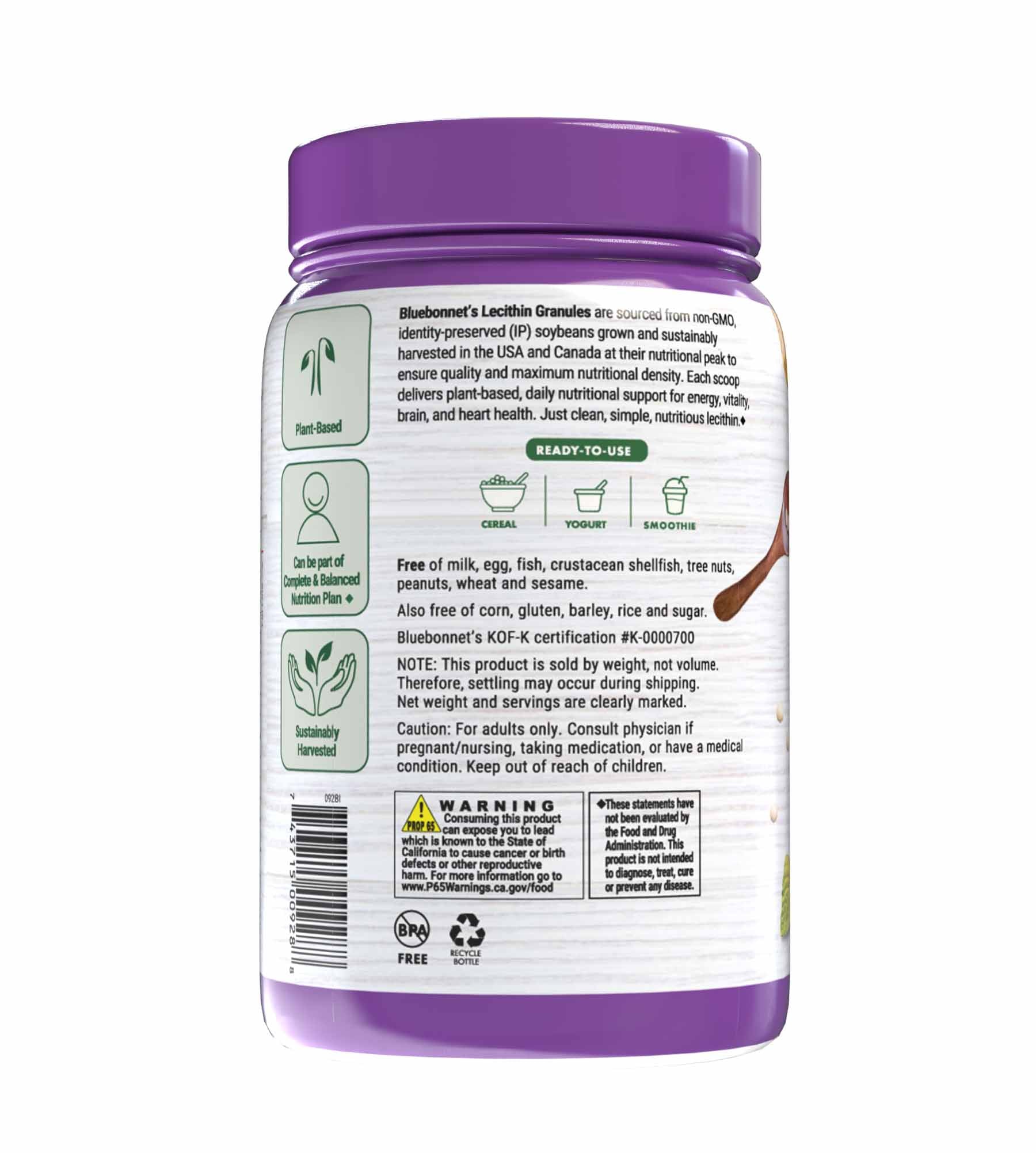Bluebonnet’s Lecithin Granules are derived from non-GMO soybeans that were sustainably procured under an identity preserved traceability program. Description panel. #size_12.7 oz