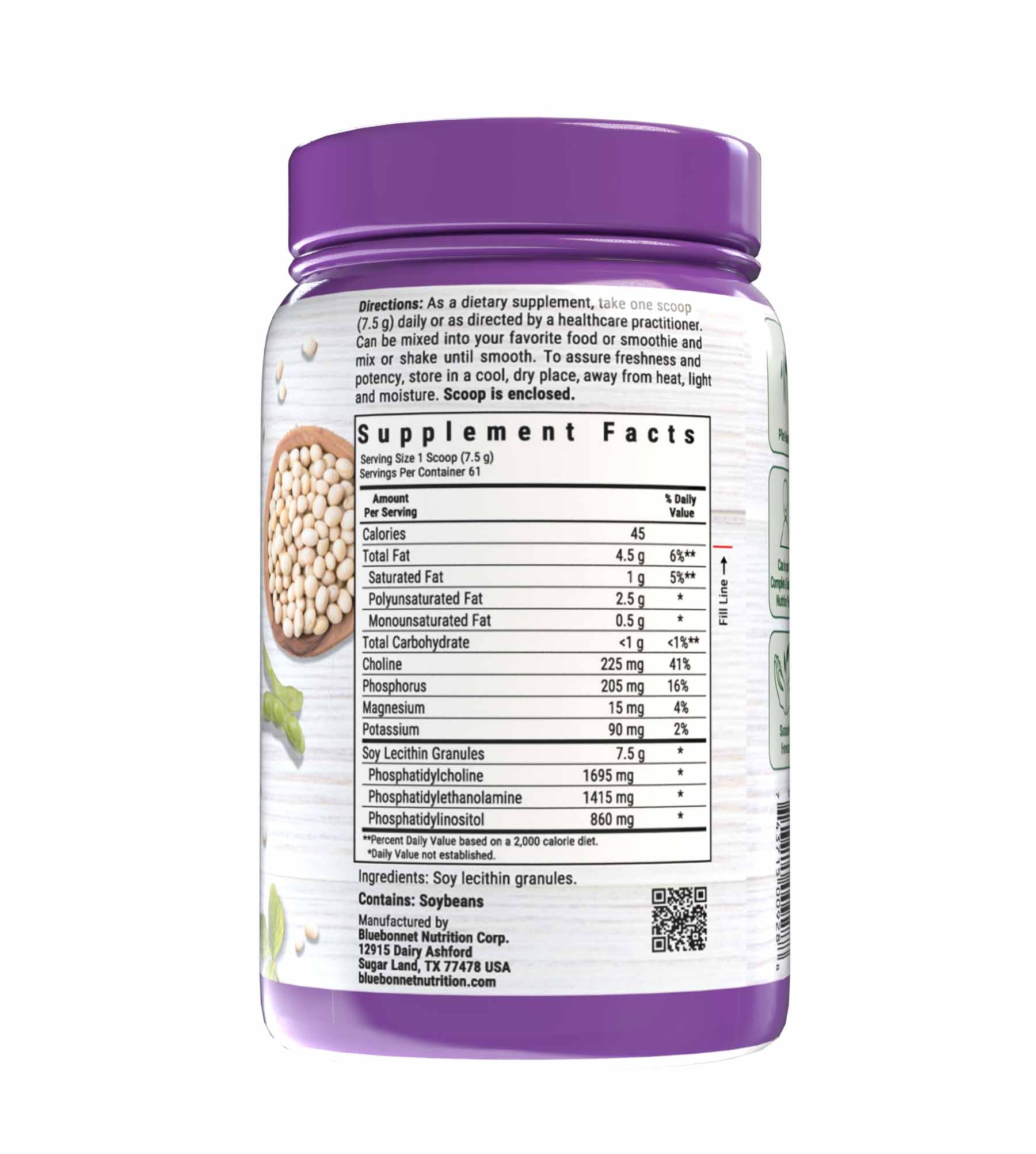 Bluebonnet’s Lecithin Granules are derived from non-GMO soybeans that were sustainably procured under an identity preserved traceability program. Supplement facts panel. #size_12.7 oz