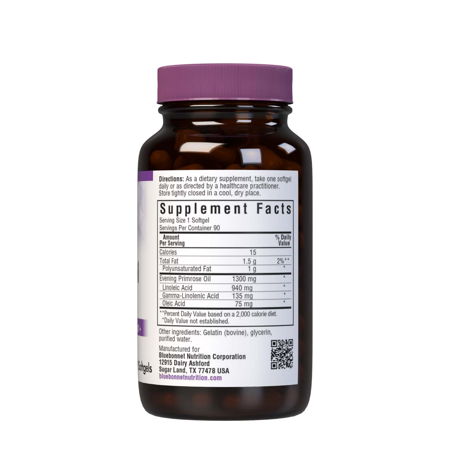 Bluebonnet’s Evening Primrose Oil 1300 mg 90 Softgels are formulated with an oil from the seed of the evening primrose seed oil, a source of unsaturated fatty acids- gamma linolenic acid (GLA), linolenic acid, and oleic acid to support women's health and immune health. Cold pressed without the use of chemical solvents. Supplement facts panel. #size_90 count