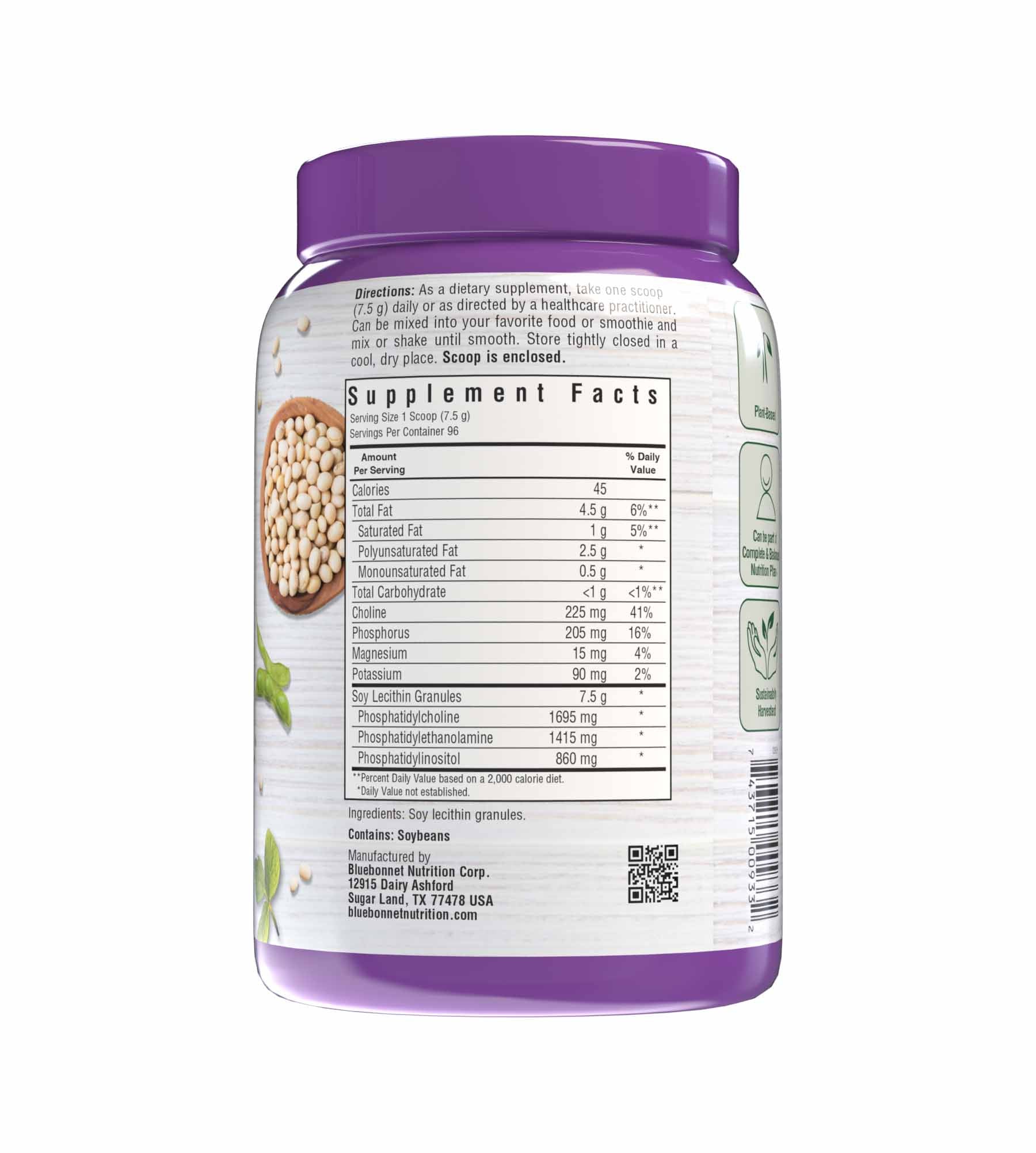 Bluebonnet’s Lecithin Granules are derived from non-GMO soybeans that were sustainably procured under an identity preserved traceability program. Supplement facts panel. #size_25.4 oz