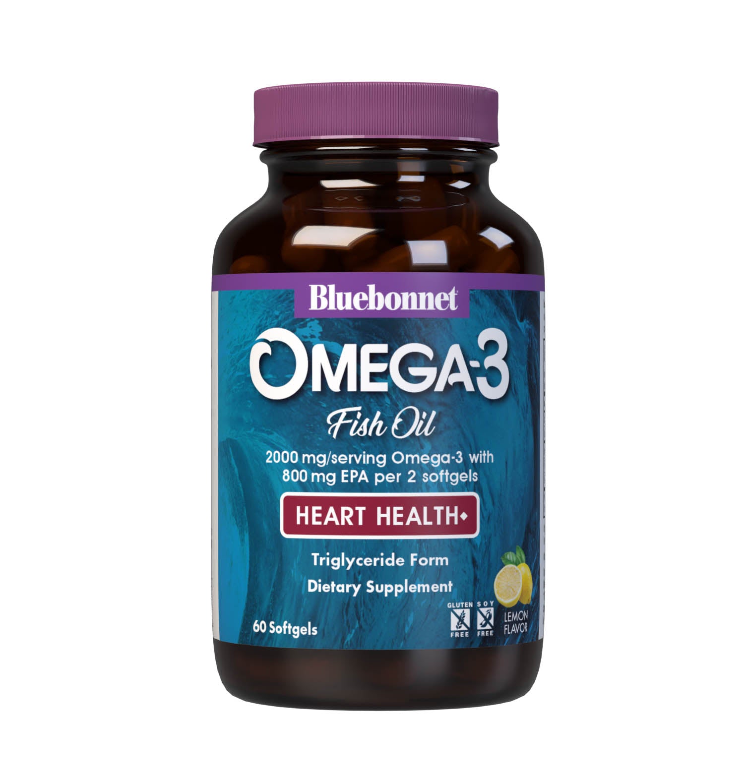 Bluebonnet’s Omega-3 Fish Oil Heart Health 60 Softgels are formulated with a specific ratio of EPA and DHA to help support heart function, blood flow, and blood pressure within the normal range by utilizing ultra-refined omega-3s from wild-caught fish. #size_60 count