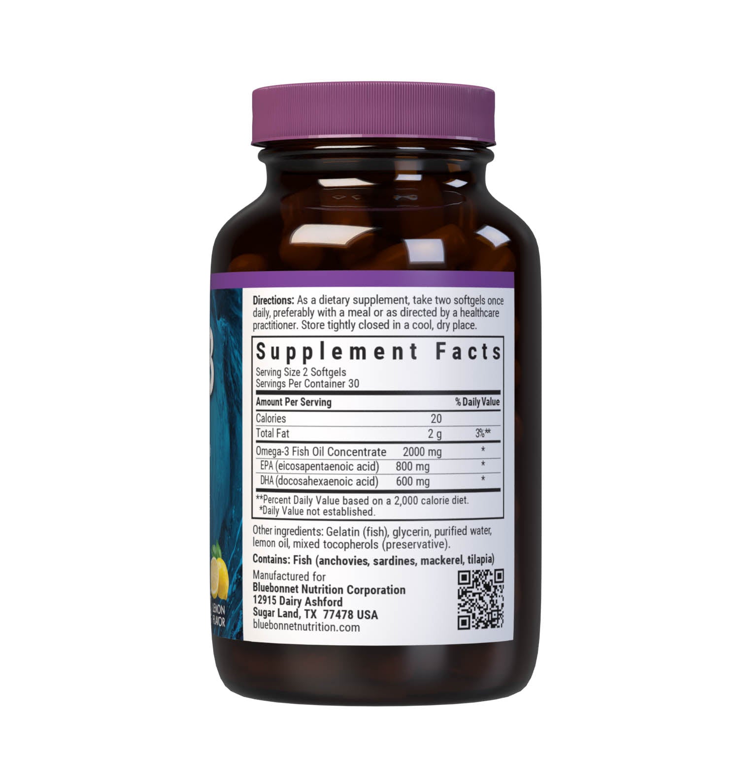 Bluebonnet’s Omega-3 Fish Oil Heart Health 60 Softgels are formulated with a specific ratio of EPA and DHA to help support heart function, blood flow, and blood pressure within the normal range by utilizing ultra-refined omega-3s from wild-caught fish. Supplement facts panel. #size_60 count