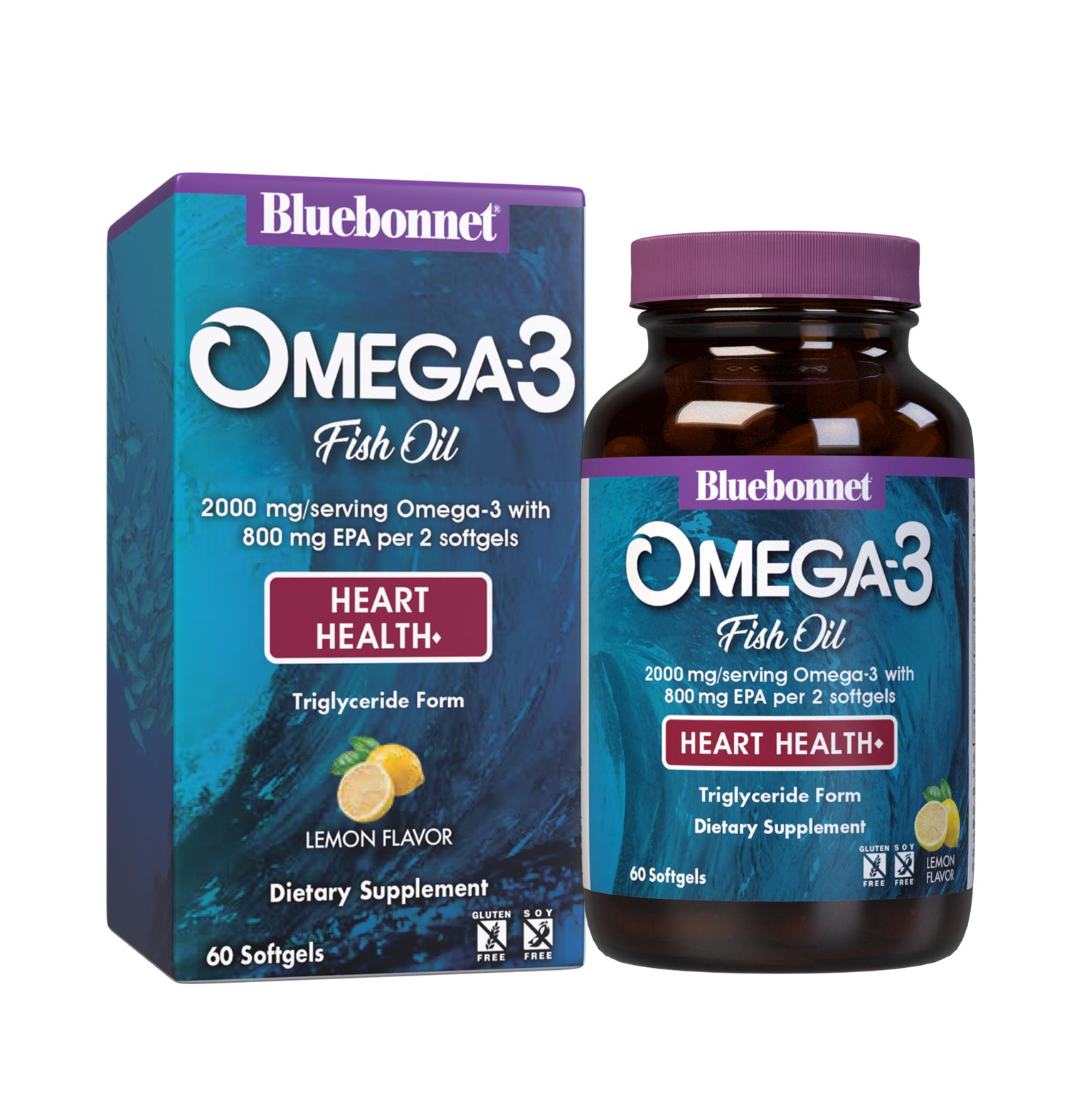 Bluebonnet’s Omega-3 Fish Oil Heart Health 60 Softgels are formulated with a specific ratio of EPA and DHA to help support heart function, blood flow, and blood pressure within the normal range by utilizing ultra-refined omega-3s from wild-caught fish. Box with bottle image. #size_60 count