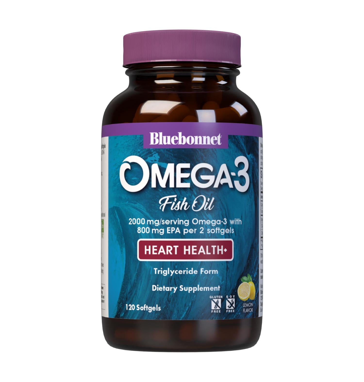 Bluebonnet’s Omega-3 Fish Oil Heart Health 120 Softgels are formulated with a specific ratio of EPA and DHA to help support heart function, blood flow, and blood pressure within the normal range by utilizing ultra-refined omega-3s from wild-caught fish. #size_120 count