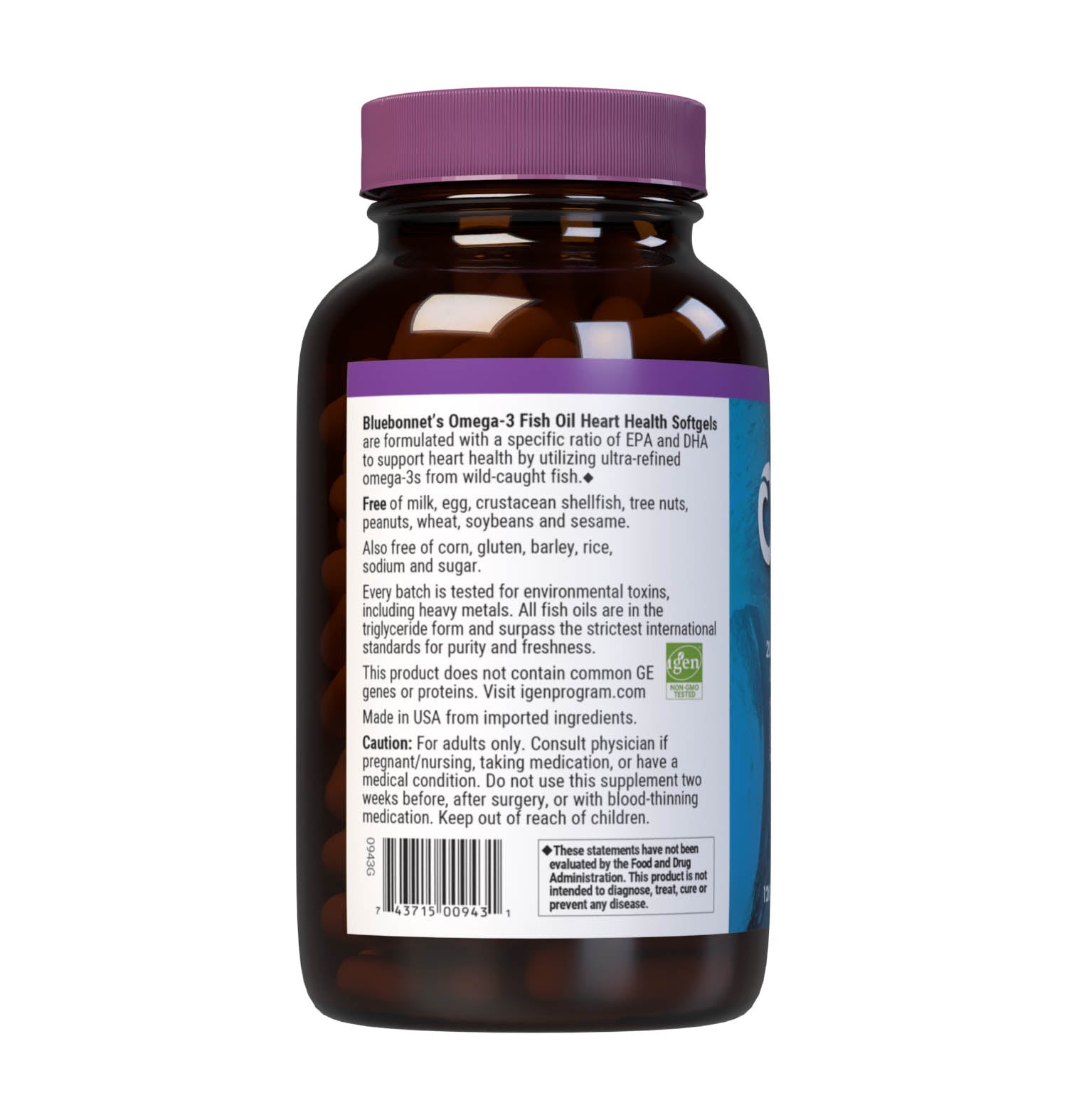 Bluebonnet’s Omega-3 Fish Oil Heart Health 120 Softgels are formulated with a specific ratio of EPA and DHA to help support heart function, blood flow, and blood pressure within the normal range by utilizing ultra-refined omega-3s from wild-caught fish. Description panel. #size_120 count