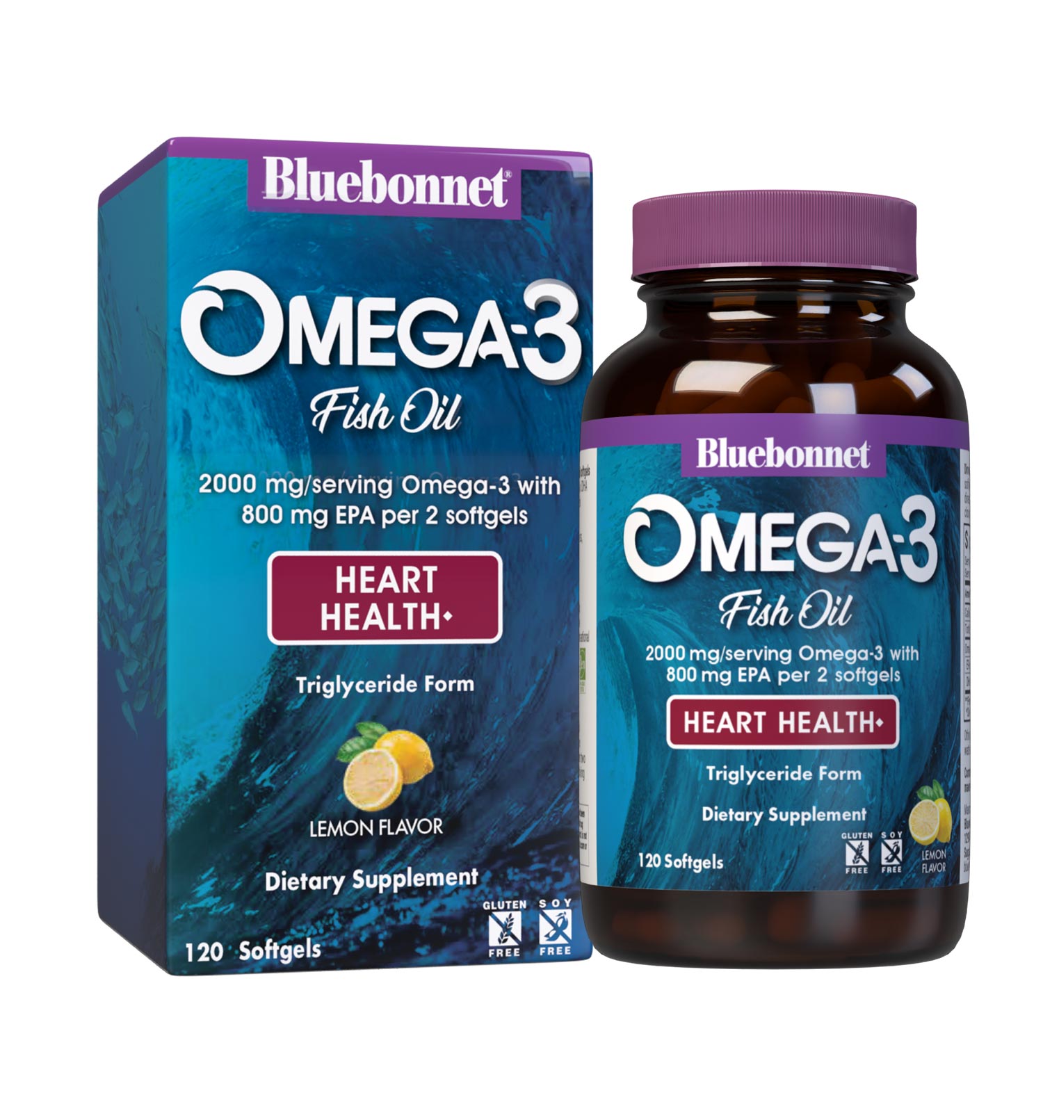 Bluebonnet’s Omega-3 Fish Oil Heart Health 120 Softgels are formulated with a specific ratio of EPA and DHA to help support heart function, blood flow, and blood pressure within the normal range by utilizing ultra-refined omega-3s from wild-caught fish. Bottle with box. #size_120 count