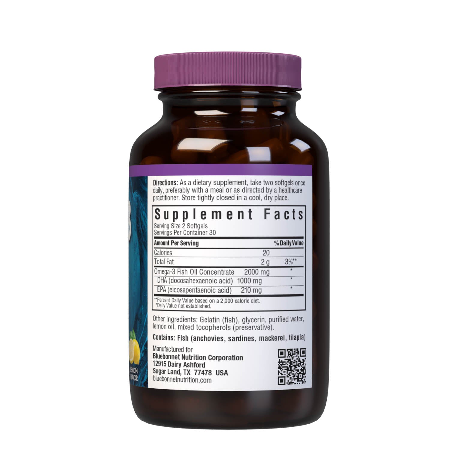 Bluebonnet’s Omega-3 Fish Oil Brain Health 60 Softgels are formulated with a specific ratio of DHA and EPA to help support brain function, mood, and focus by utilizing ultra-refined omega-3s from wild-caught fish. Supplement facts panel. #size_60 count