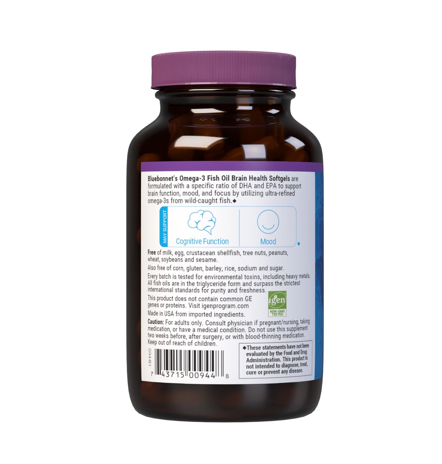 Bluebonnet’s Omega-3 Fish Oil Brain Health 60 Softgels are formulated with a specific ratio of DHA and EPA to help support brain function, mood, and focus by utilizing ultra-refined omega-3s from wild-caught fish. Description panel. #size_60 count