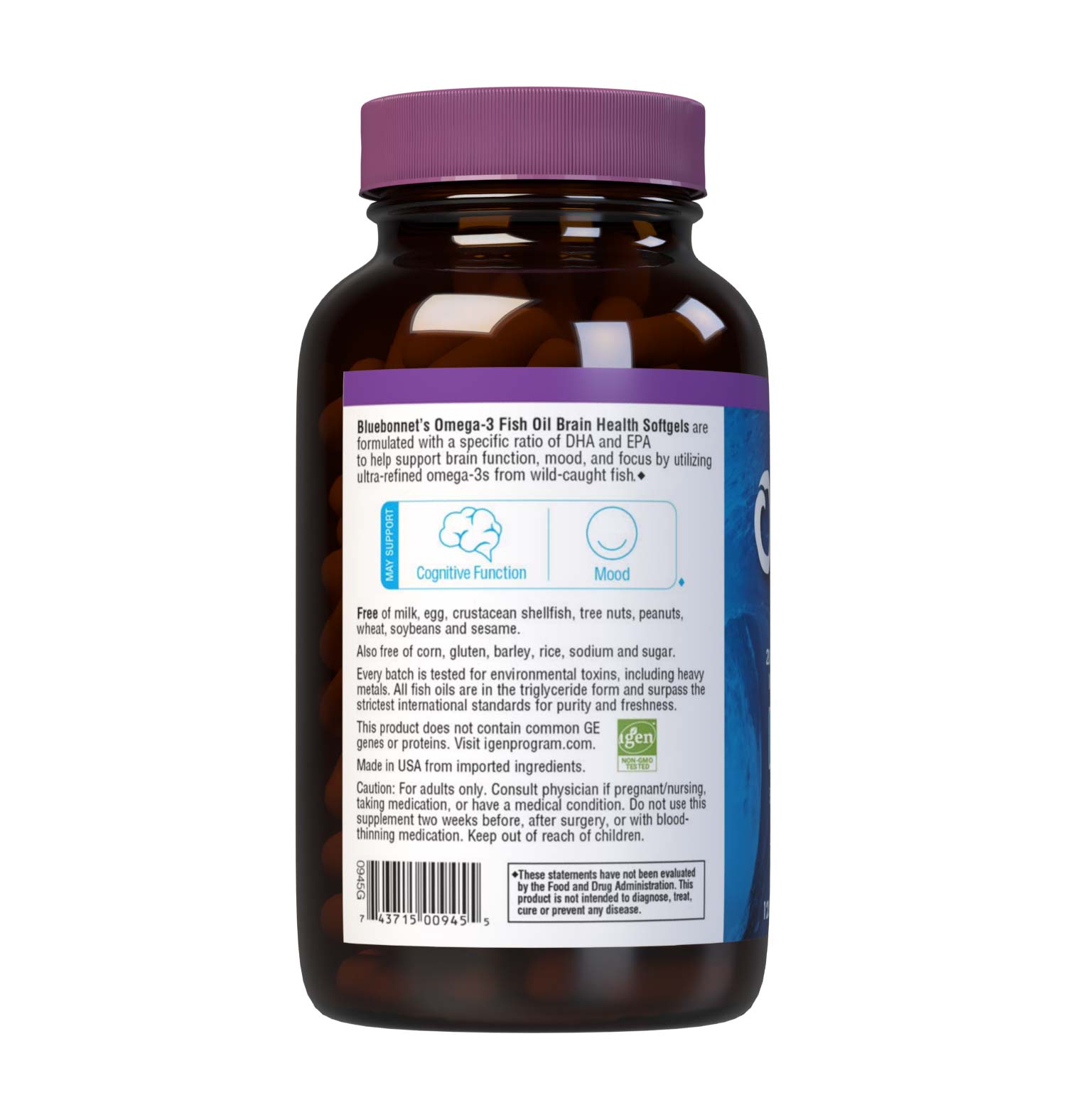 Bluebonnet’s Omega-3 Fish Oil Brain Health 120 Softgels are formulated with a specific ratio of DHA and EPA to help support brain function, mood, and focus by utilizing ultra-refined omega-3s from wild-caught fish. Description panel. #size_120 count