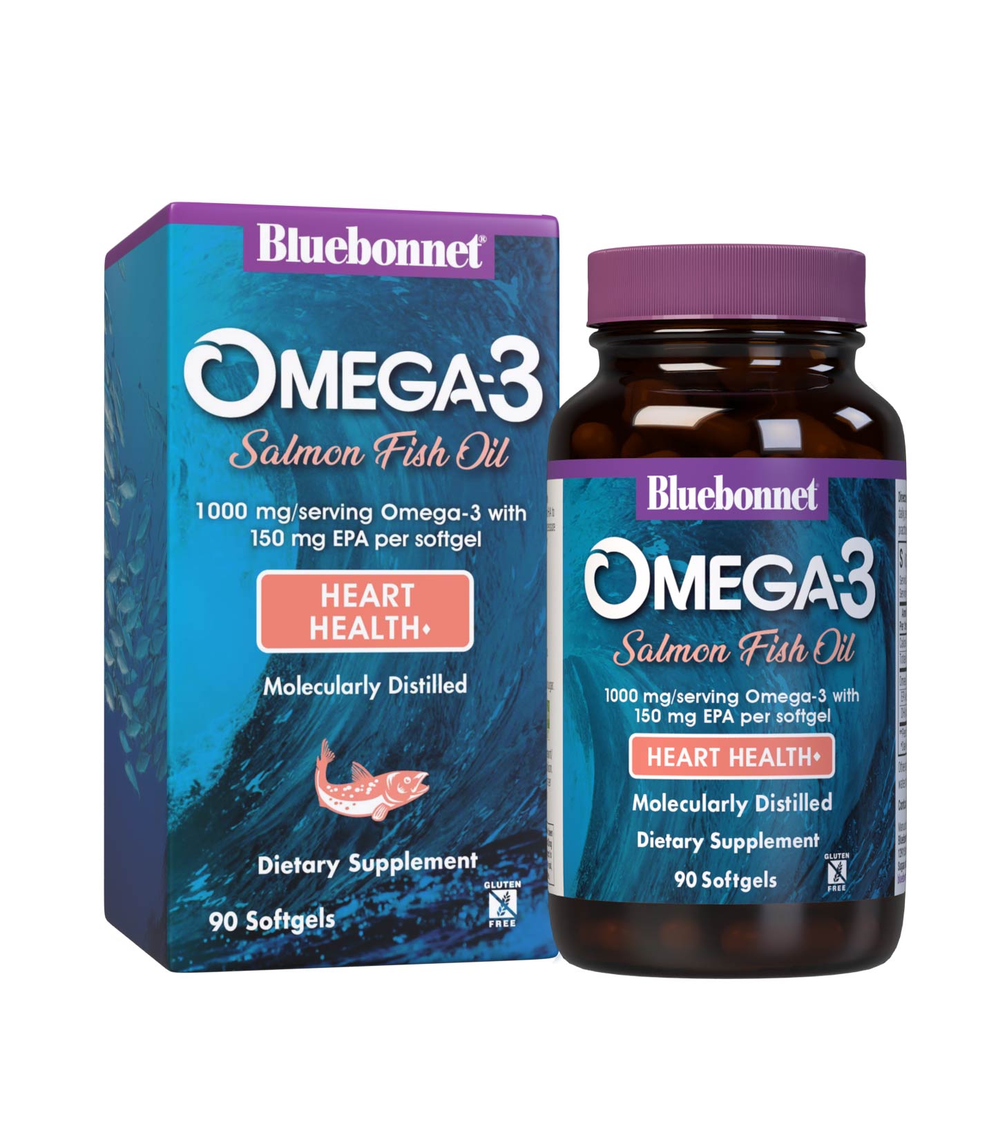 Bluebonnet’s Omega-3 Salmon Oil 90 Softgels are formulated with a specific ratio of EPA and DHA to help support heart health, blood flow, and blood pressure within the normal range by utilizing ultra-refined omega 3-s from salmon fish oil. Bottle with box. #size_90 count