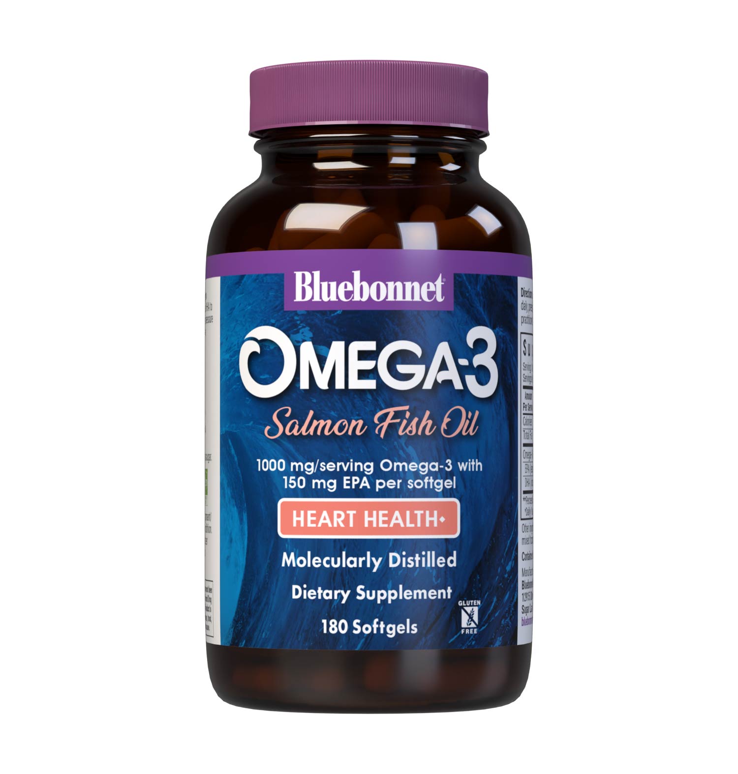 Bluebonnet’s Omega-3 Salmon Oil 180 Softgels are formulated with a specific ratio of EPA and DHA to help support heart health, blood flow, and blood pressure within the normal range by utilizing ultra-refined omega 3-s from salmon fish oil. #size_180 count
