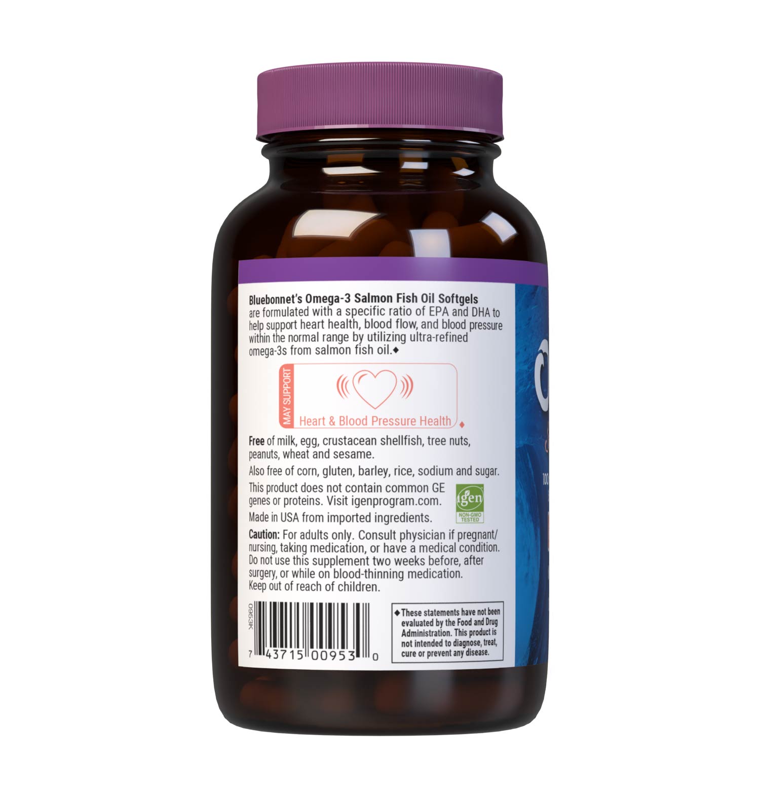 Bluebonnet’s Omega-3 Salmon Oil 180 Softgels are formulated with a specific ratio of EPA and DHA to help support heart health, blood flow, and blood pressure within the normal range by utilizing ultra-refined omega 3-s from salmon fish oil. Description panel. #size_180 count