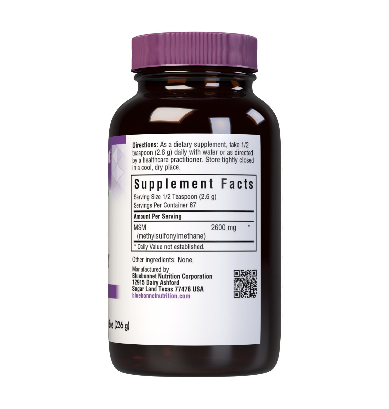 Bluebonnet’s MSM Powder is formulated with patented and clinically studied OptiMSM (methylsulfonylmethane), a non-toxic form of active sulfur that helps support the formation of healthy connective tissues for better joint health. Description panel. #size_8 oz