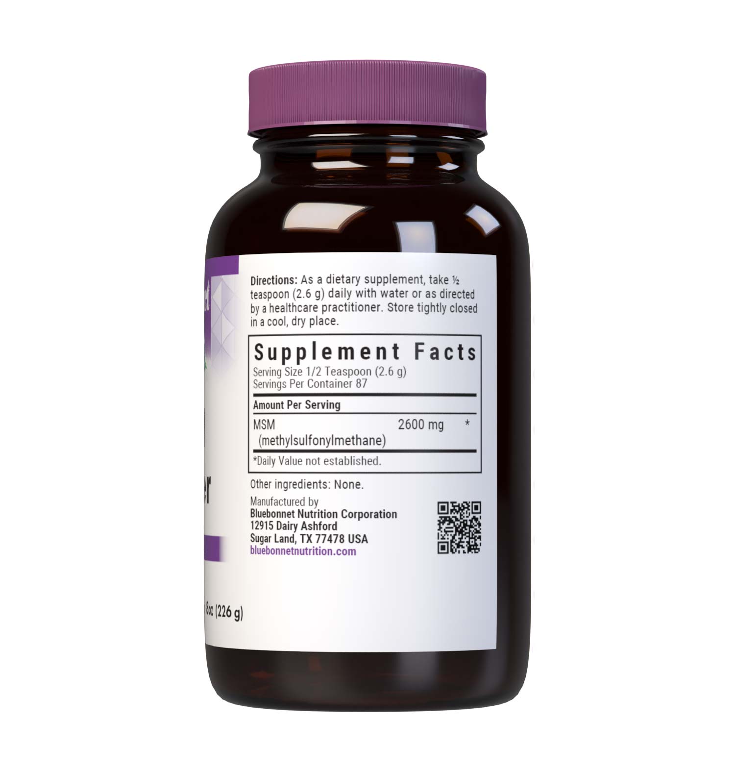 Bluebonnet’s MSM Powder is formulated with patented and clinically studied OptiMSM (methylsulfonylmethane), a non-toxic form of active sulfur that helps support the formation of healthy connective tissues for better joint health. Supplement facts panel. #size_8 oz