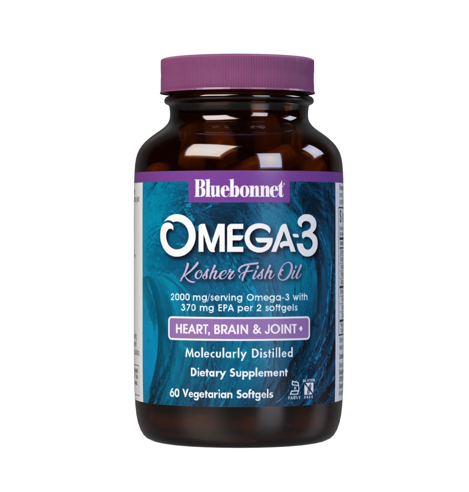 Omega-3 Kosher Fish Oil 60 Vegetarian Softgels are formulated with EPA, DHA and DPA to help support heart, brain and joint health by utilizing refined omega-3s from wild ocean fish. #size_60 count