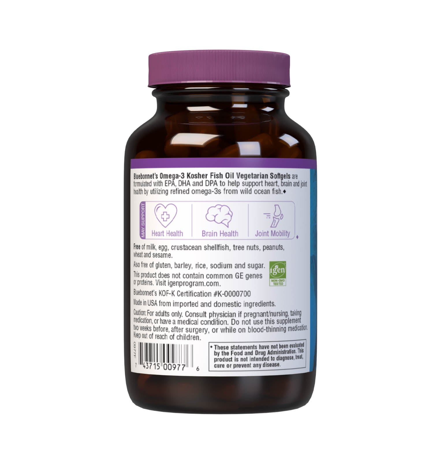 Omega-3 Kosher Fish Oil 60 Vegetarian Softgels are formulated with EPA, DHA and DPA to help support heart, brain and joint health by utilizing refined omega-3s from wild ocean fish. Description panel. #size_60 count