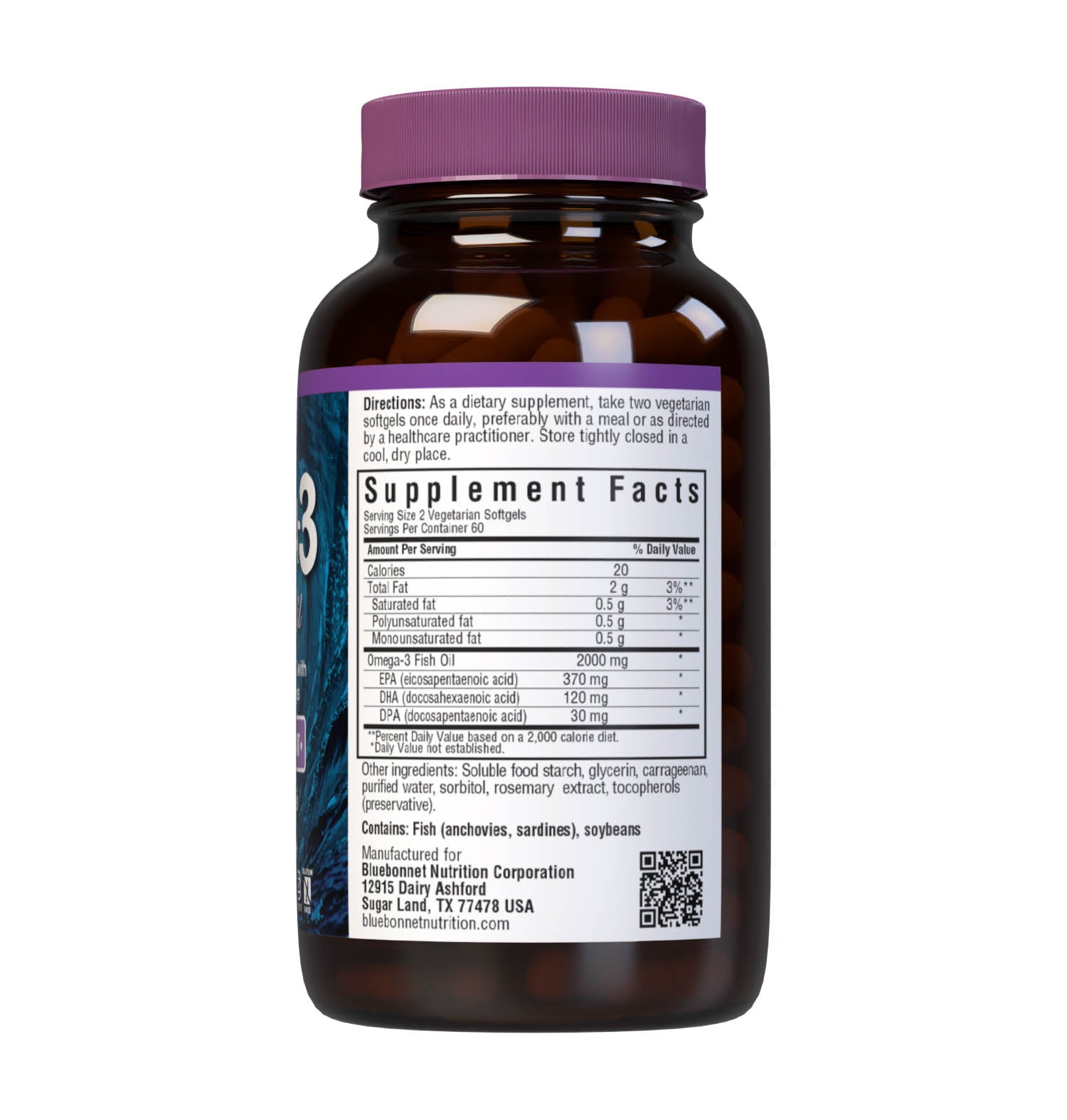 Omega-3 Kosher Fish Oil 120 Vegetarian Softgels are formulated with EPA, DHA and DPA to help support heart, brain and joint health by utilizing refined omega-3s from wild ocean fish. Supplement facts panel. #size_120 count