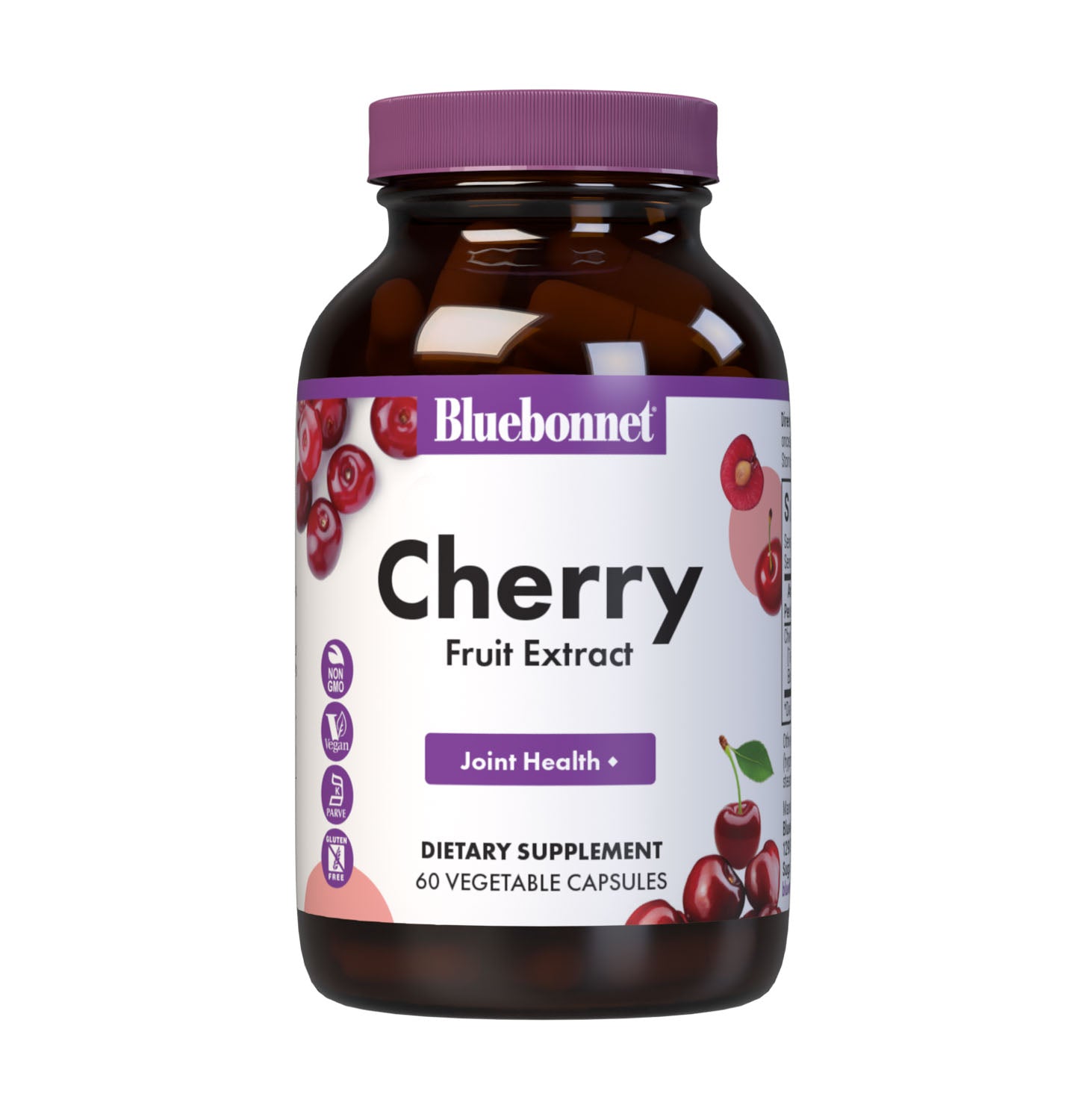 Bluebonnet's Cherry Fruit Extract 60 Vegetable Capsules are formulated with a combination of tart, sweet and black cherry to provide free radical protection and support joint health. #size_60 count