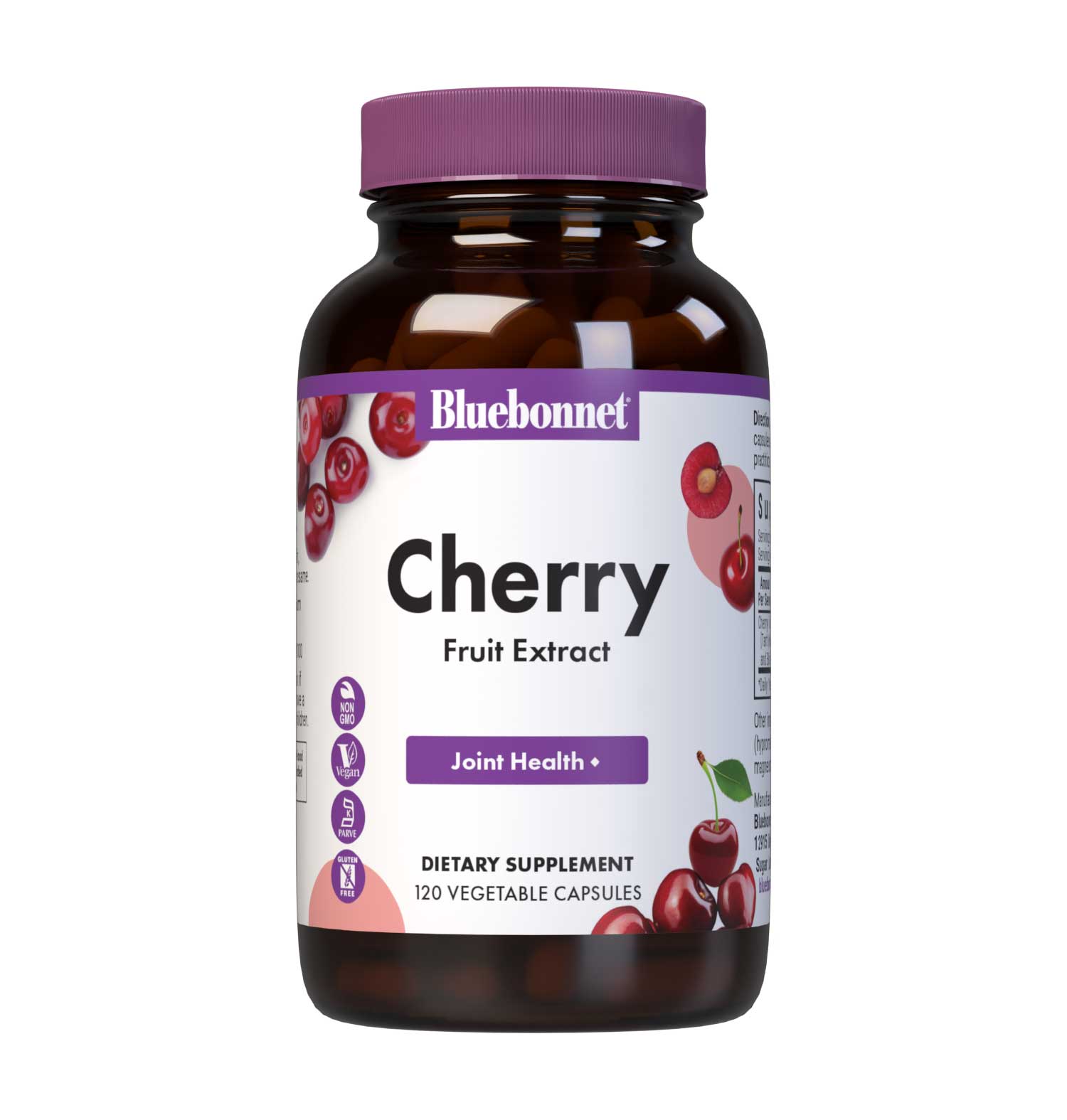 Bluebonnet's Cherry Fruit Extract 120 Vegetable Capsules are formulated with a combination of tart, sweet and black cherry to provide free radical protection and support joint health. #size_120 count