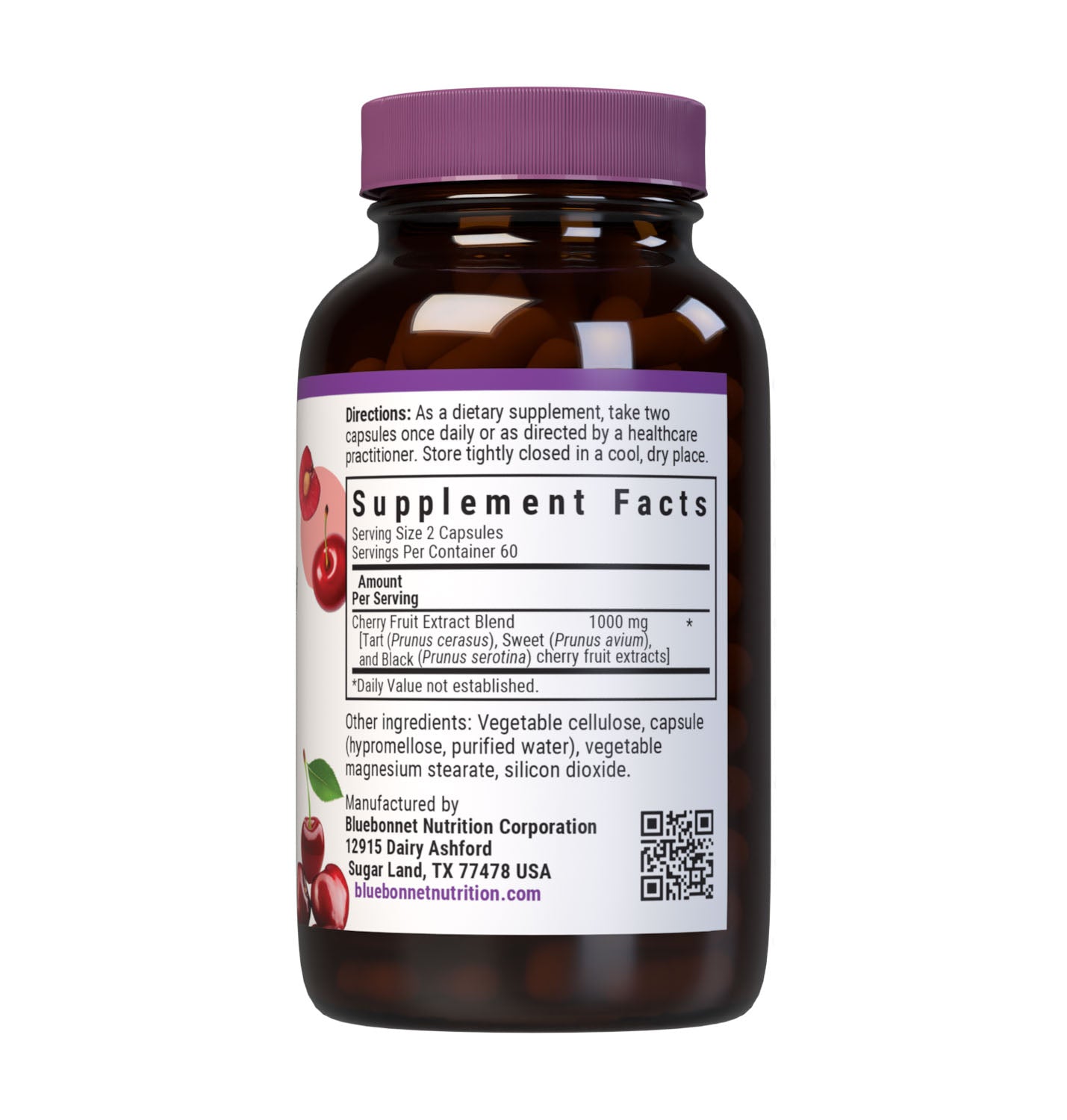 Bluebonnet's Cherry Fruit Extract 120 Vegetable Capsules are formulated with a combination of tart, sweet and black cherry to provide free radical protection and support joint health. Supplement facts panel. #size_120 count