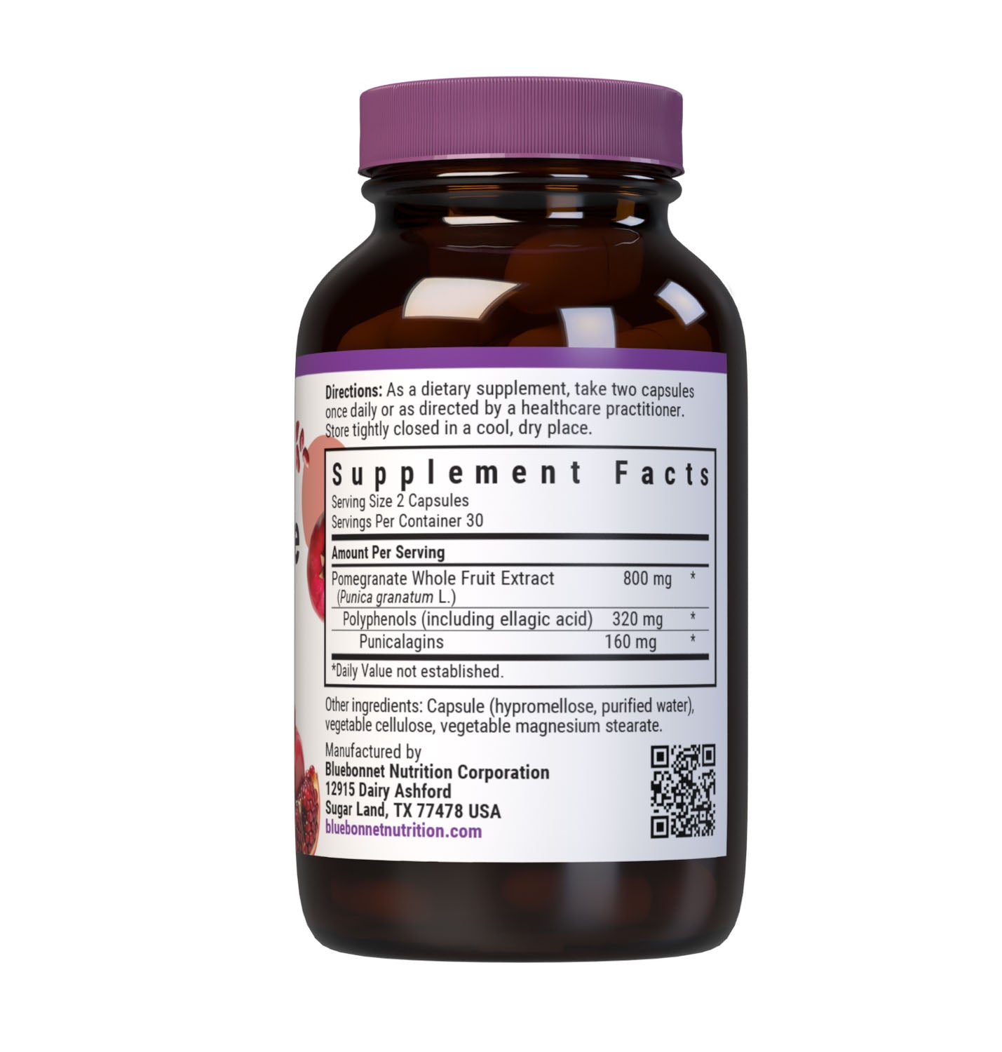 Bluebonnet’s Pomegranate Whole Fruit Extract 60 Vegetable Capsules are formulated with a whole fruit extract that supplies polyphenols and punacalagins that provide free radical protection. Supplement facts panel. #size_60 count