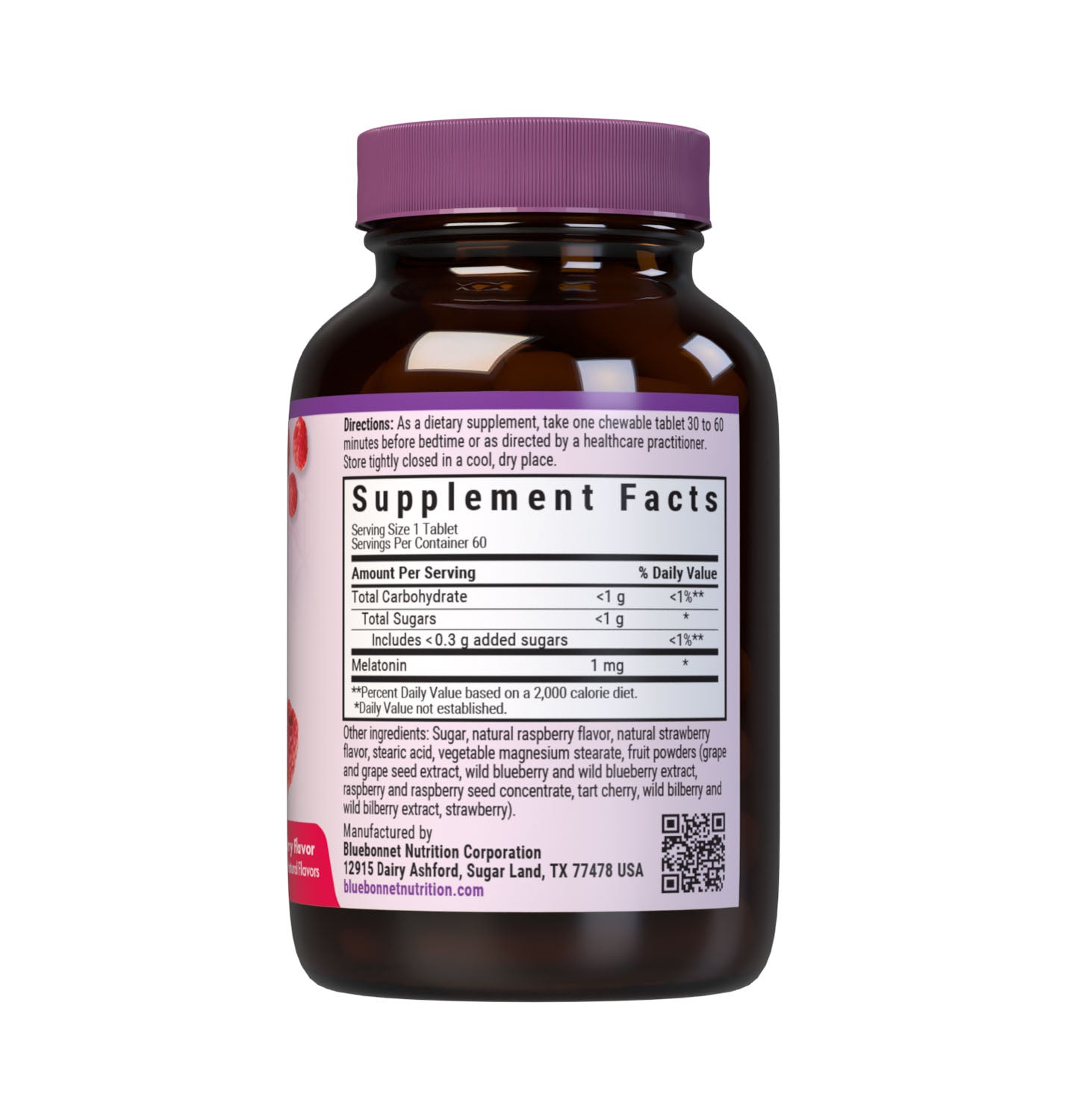 Bluebonnt's Earthsweet Chewables Melatonin 1 mg 60 tablets help to minimize occasional sleeplessness for those affected by distrubed sleep/wake cycles, such as those travelling across multiple time zones. Supplement facts panel. #size_60 count