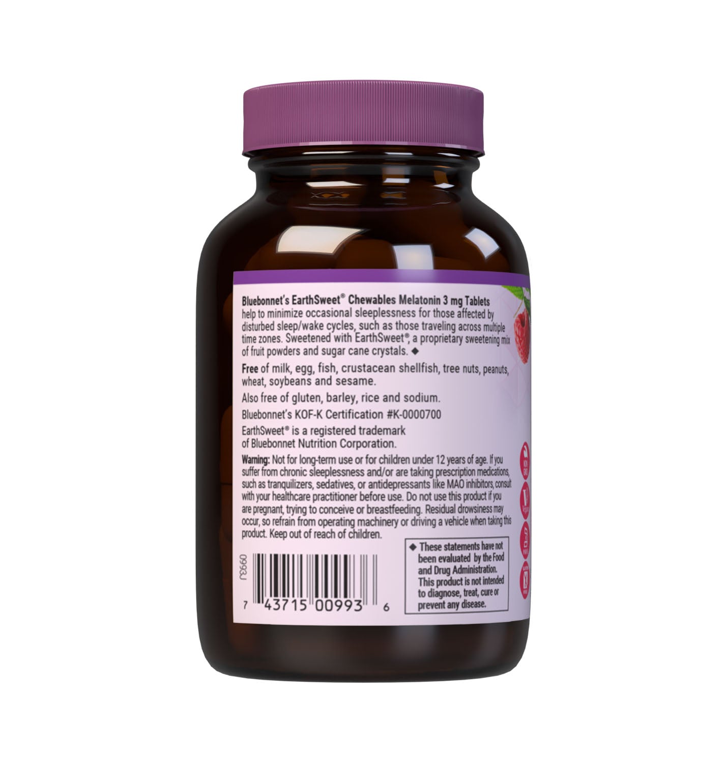 Bluebonnet’s EarthSweet Chewables Melatonin 3 mg 60 Tablets help to minimize occasional sleeplessness for those affected by disturbed sleep/wake cycles, such as those traveling across multiple time zones. This product is sweetened with EarthSweet, a proprietary mix of juice concentrates and cane crystals. Description panel. #size_60 count
