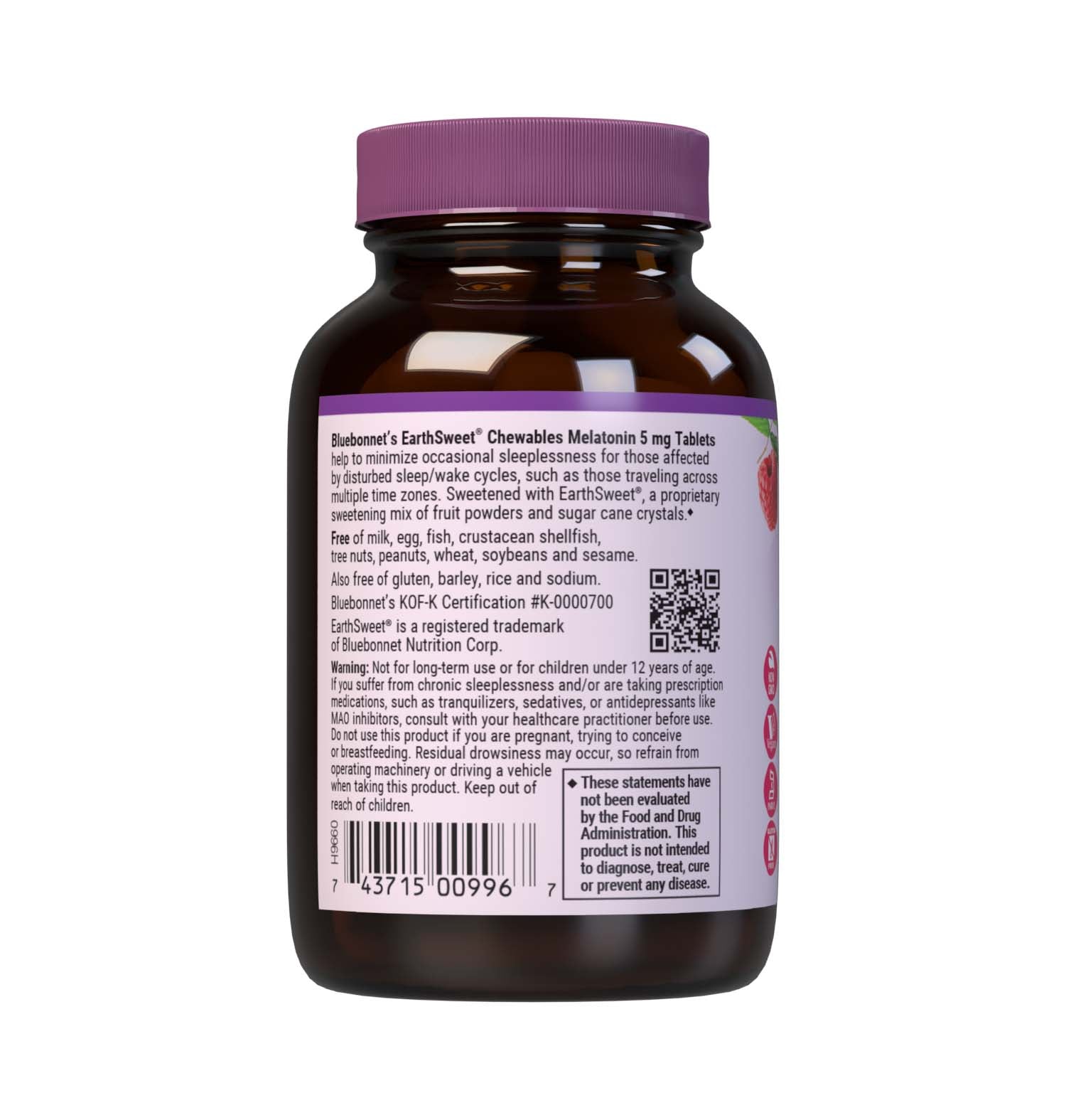 Bluebonnet’s EarthSweet Chewables Melatonin 5 mg 60 Tablets help minimize occasional sleeplessness for those affected by disturbed sleep/wake cycles, such as those traveling across multiple time zones. This product is sweetened with EarthSweet, a proprietary mix of fruit powders and sugar cane crystals. Description panel. #size_60 count