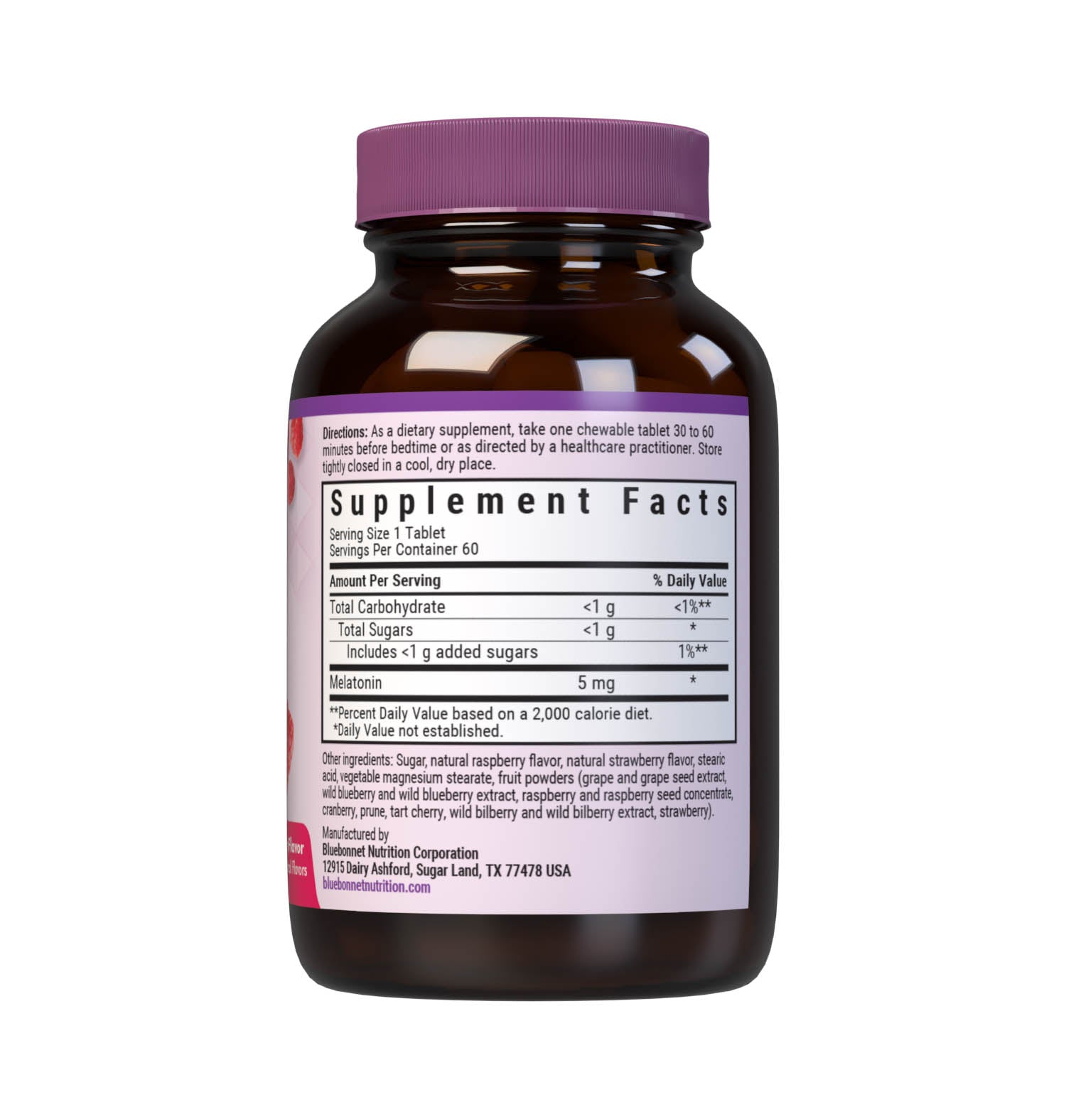 Bluebonnet’s EarthSweet Chewables Melatonin 5 mg 60 Tablets help minimize occasional sleeplessness for those affected by disturbed sleep/wake cycles, such as those traveling across multiple time zones. This product is sweetened with EarthSweet, a proprietary mix of fruit powders and sugar cane crystals. Supplement facts panel. #size_60 count