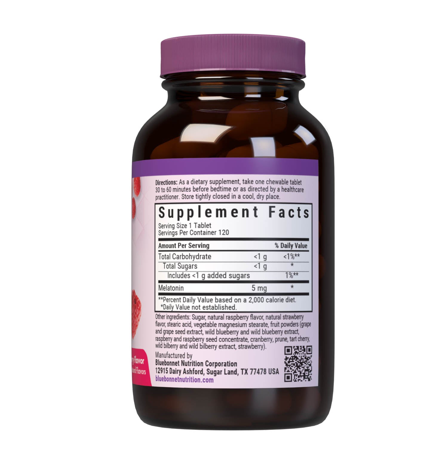 Bluebonnet’s EarthSweet Chewables Melatonin 5 mg 120 Tablets help minimize occasional sleeplessness for those affected by disturbed sleep/wake cycles, such as those traveling across multiple time zones. This product is sweetened with EarthSweet, a proprietary mix of fruit powders and sugar cane crystals. Supplement facts panel. #size_120 count