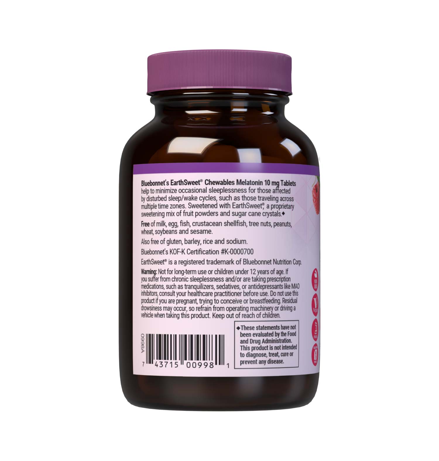 Bluebonnet’s EarthSweet Chewables Melatonin 10 mg 60 Tablets help minimize occasional sleeplessness for those affected by disturbed sleep/wake cycles, such as those traveling across multiple time zones. This product is sweetened with EarthSweet, a proprietary mix of fruit powders and sugar cane crystals. Description panel. #size_60 count