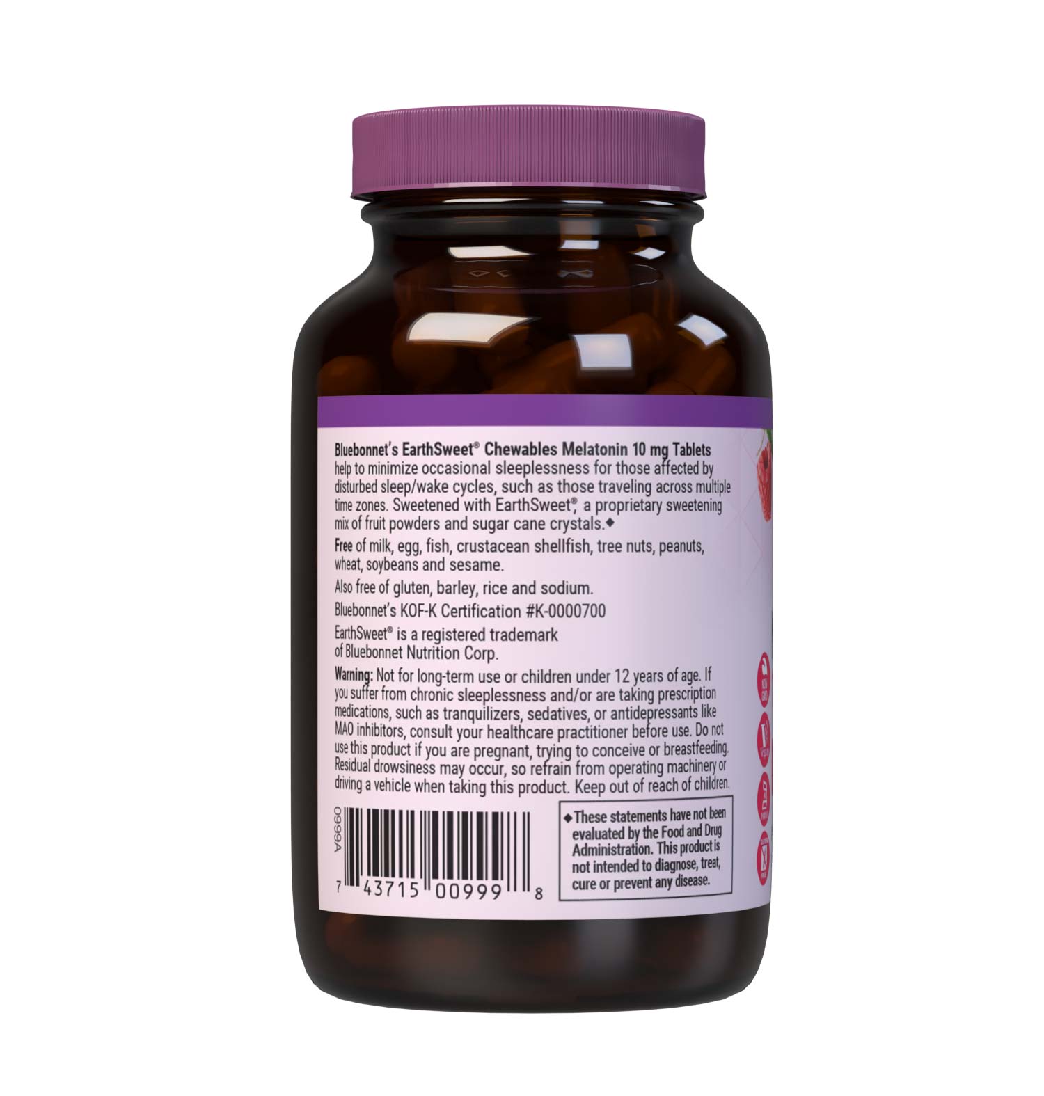 Bluebonnet’s EarthSweet Chewables Melatonin 10 mg 120 Tablets help minimize occasional sleeplessness for those affected by disturbed sleep/wake cycles, such as those traveling across multiple time zones. This product is sweetened with EarthSweet, a proprietary mix of fruit powders and sugar cane crystals. Description panel. #size_120 count