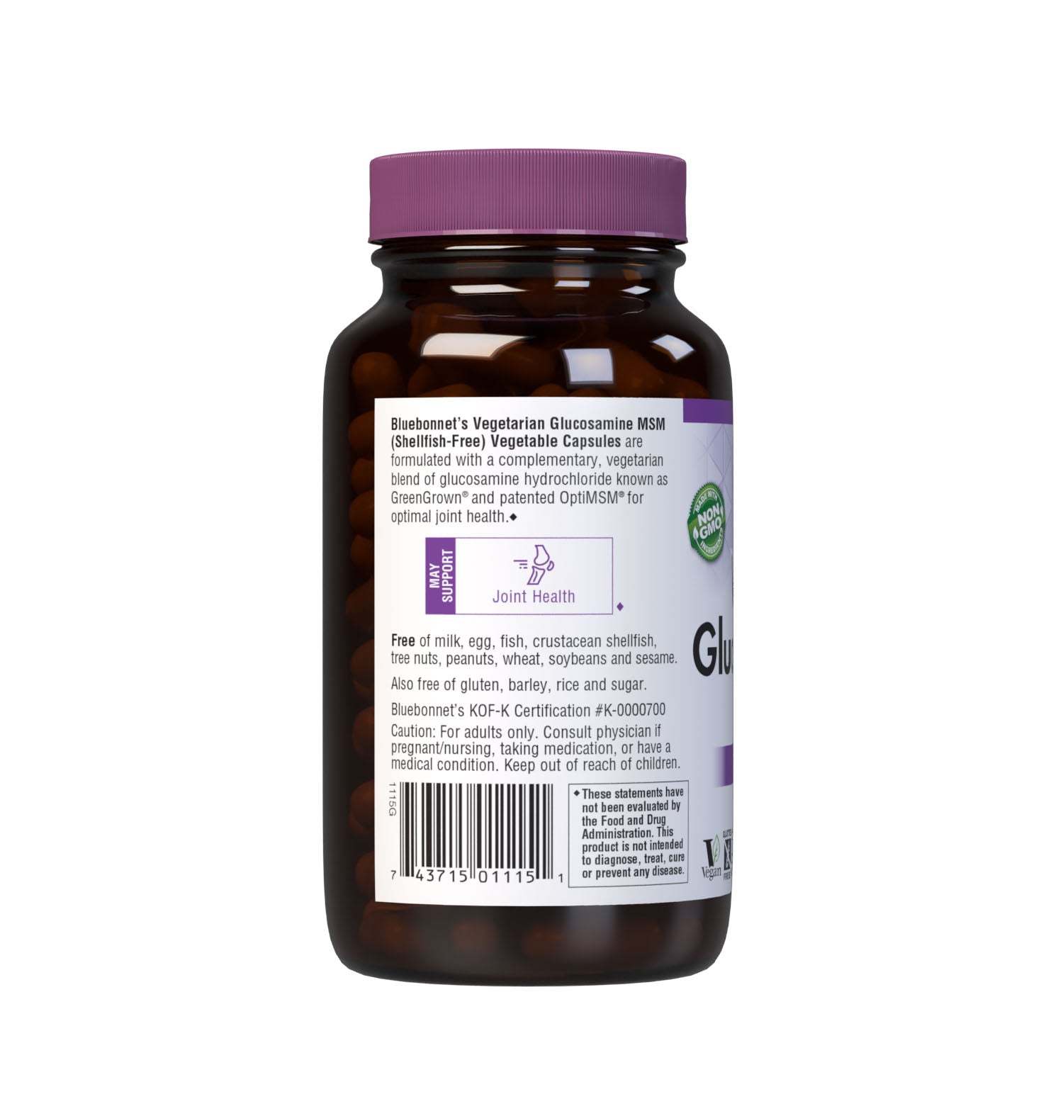 Bluebonnet’s Vegetarian Glucosamine MSM (Shellfish-Free) 120 Vegetable Capsules are formulated with a complementary, vegetarian blend of glucosamine hydrochloride known as GreenGrown and patented OptiMSM for optimal joint health. Description panel. #size_120 count