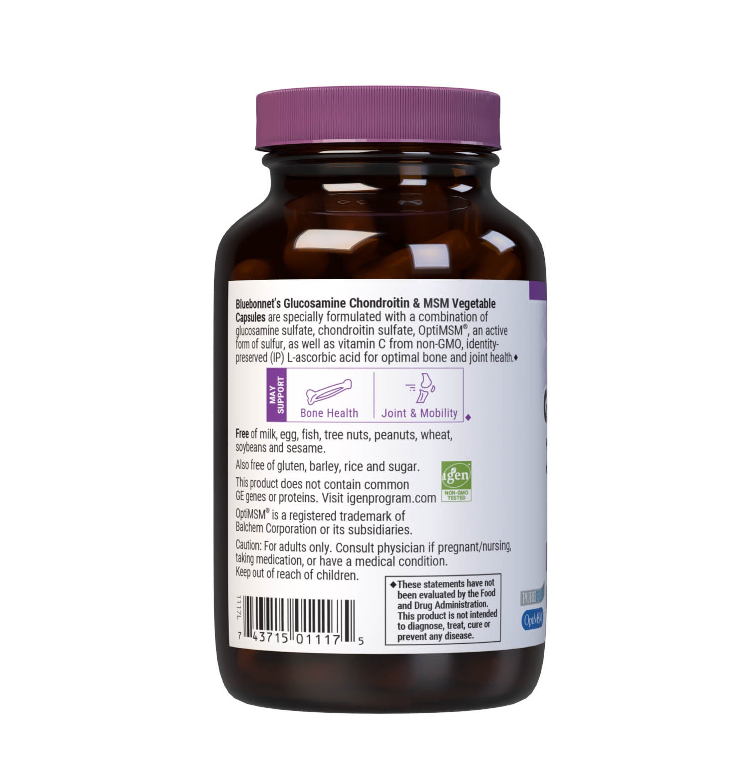 Bluebonnet’s Glucosamine Chondroitin Sulfate & MSM 60 Vegetable Capsules are specially formulated with a combination of glucosamine sulfate, chondroitin sulfate, OptiMSM an active form of sulfur, as well as vitamin C from Identity-Preserved (IP) L-ascorbic acid for optimal joint health. Description panel. #size_60 count