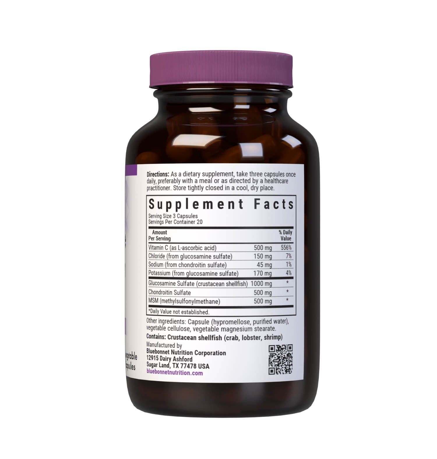 Bluebonnet’s Glucosamine Chondroitin Sulfate & MSM 60 Vegetable Capsules are specially formulated with a combination of glucosamine sulfate, chondroitin sulfate, OptiMSM an active form of sulfur, as well as vitamin C from Identity-Preserved (IP) L-ascorbic acid for optimal joint health. Supplement facts panel. #size_60 count